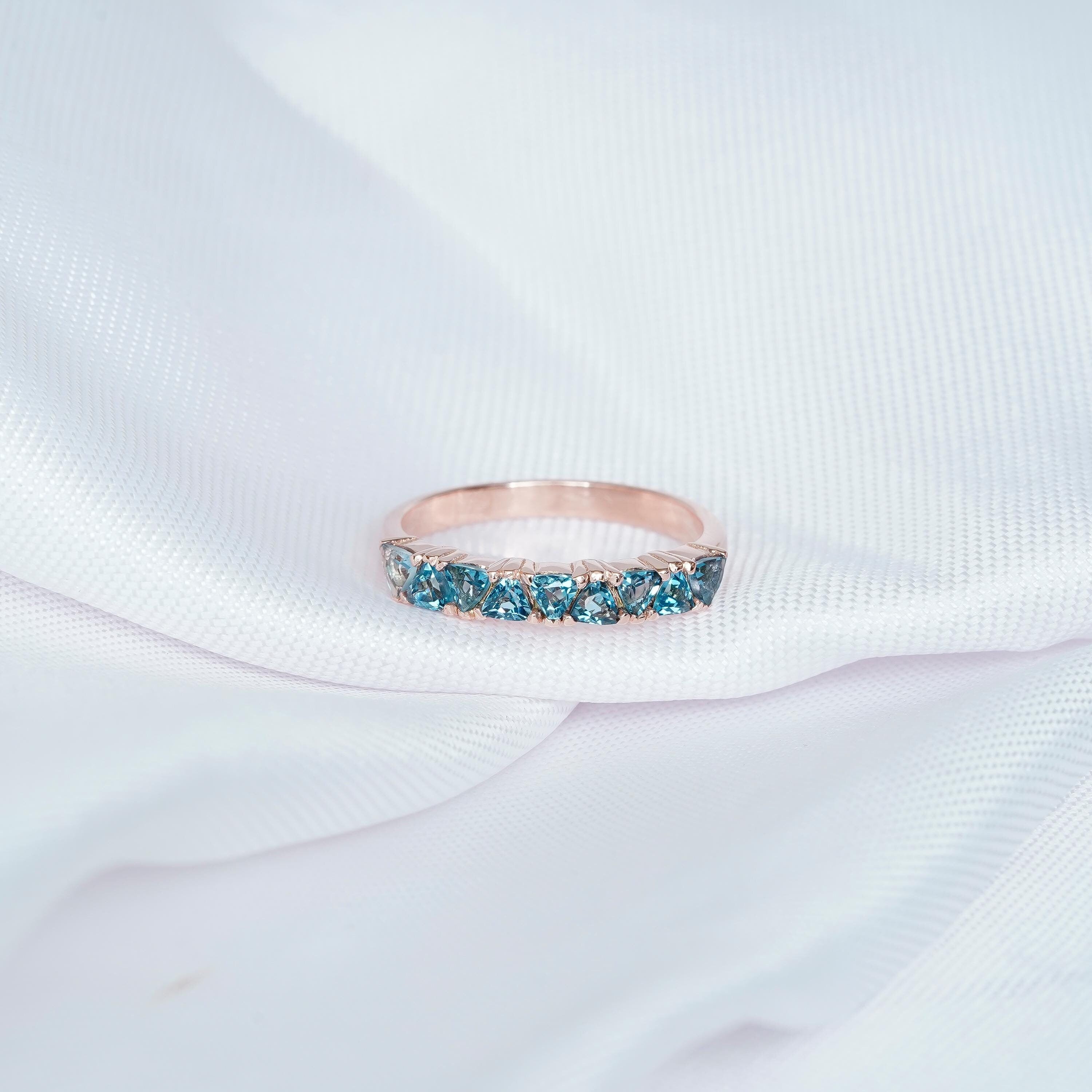 Blue Topaz Wedding Band For Women 925 Sterling Silver Trilliant Cut Topaz Stackable Half Eternity Matching Anniversary Gift Dainty Ring Band