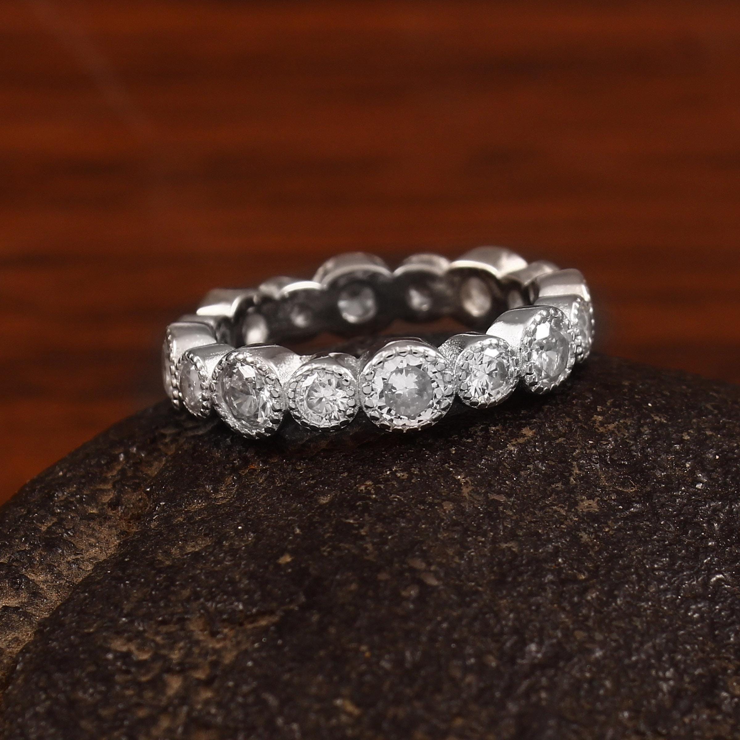 Moissanite Wedding Band Milgrain Bezel Set Art Deco Full Eternity Stacking Dainty Silver Proposal Ring Anniversary Gift Promise Ring For Her