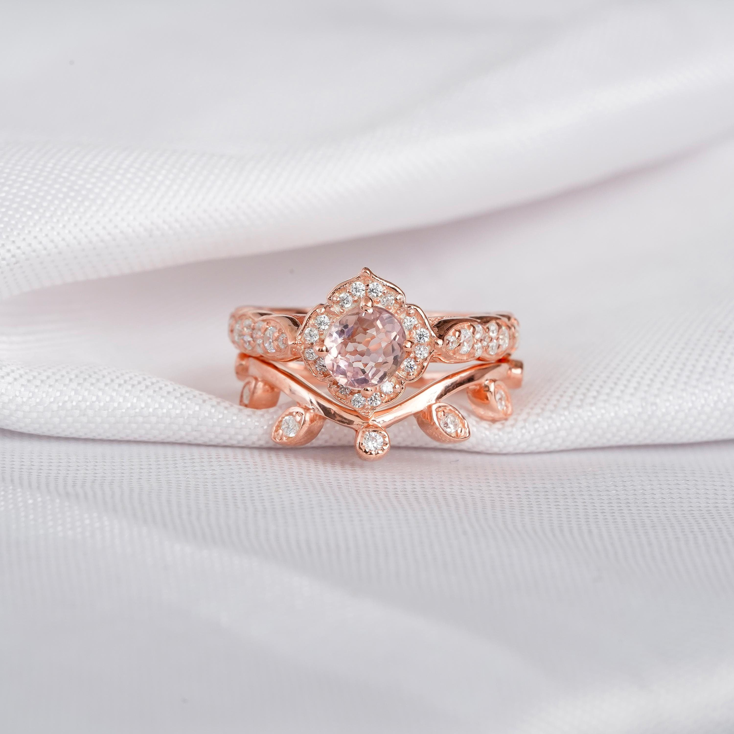 Morganite Engagement Ring Set With Matching Moissanite Leaf Wedding Band For Women Round Solitaire Floral Halo Art Deco Bridal Promise Ring