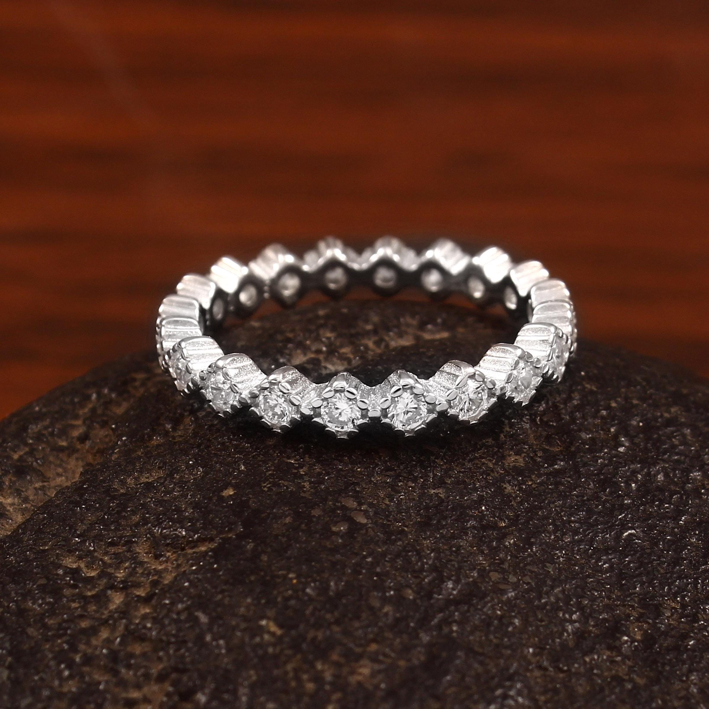 Art Deco Eternity Ring, Sterling Silver Moissanite Ring, Vintage Stacking Band, Dainty Wedding Band, Anniversary Gift for Her, Promise Ring