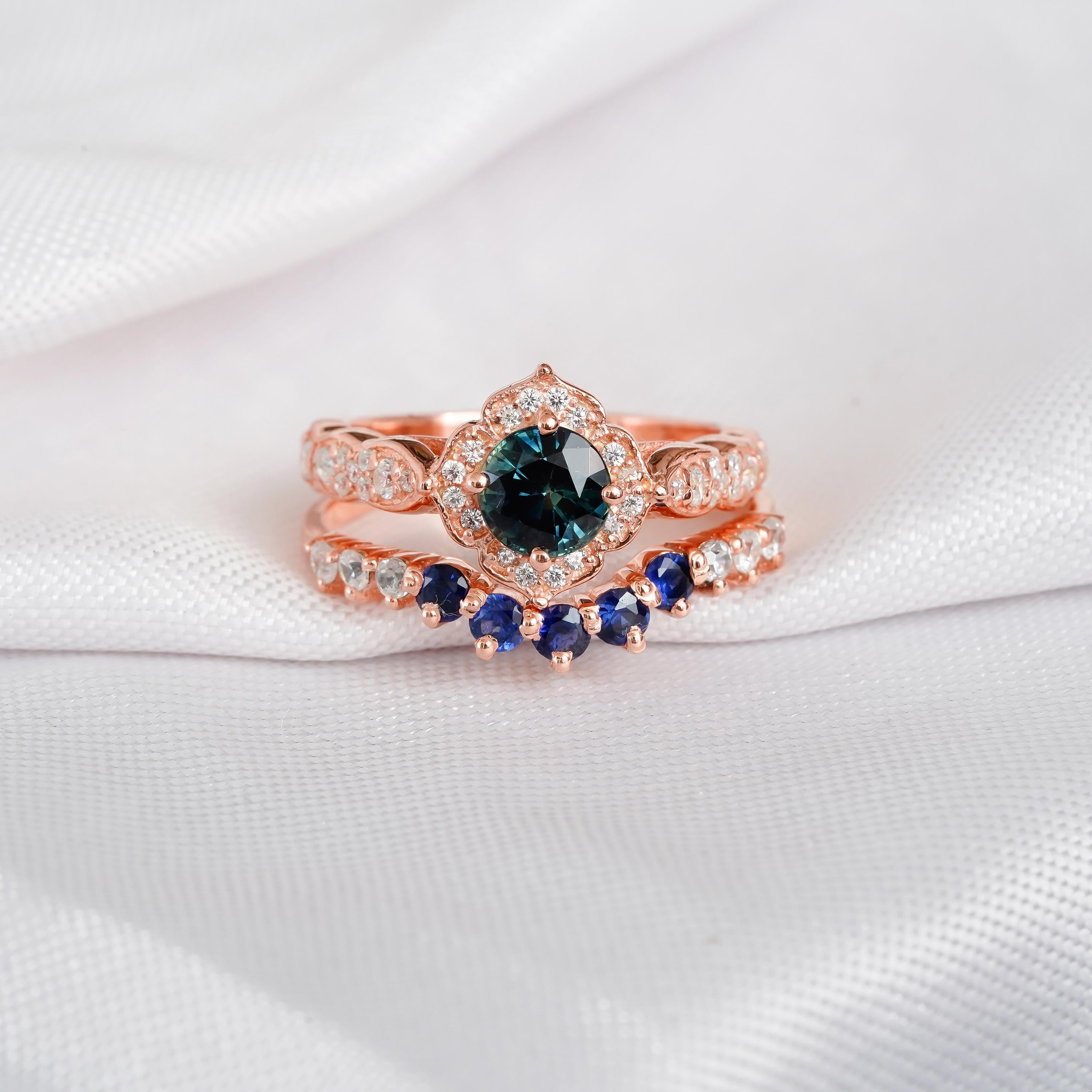 Alexandrite Engagement Ring Set Halo Matching Blue Sapphire Curved Wedding Band For Women Art Deco Milgrain Floral Halo Bridal Proposal Ring