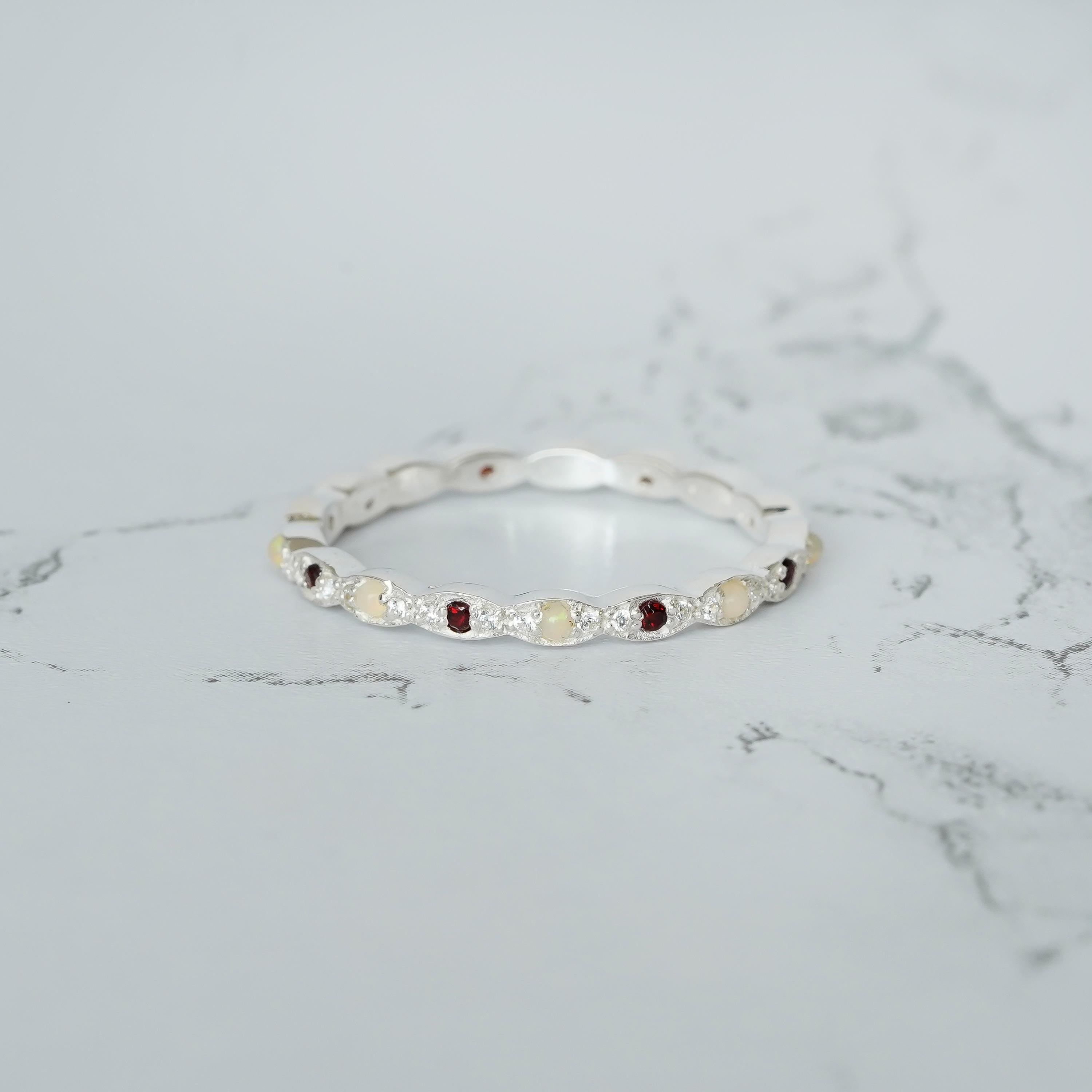 Opal Eternity Band For Women 925 Sterling Silver With Ruby Stackable Delicate Full Eternity Bridal Matching Anniversary Gift Dainty Band
