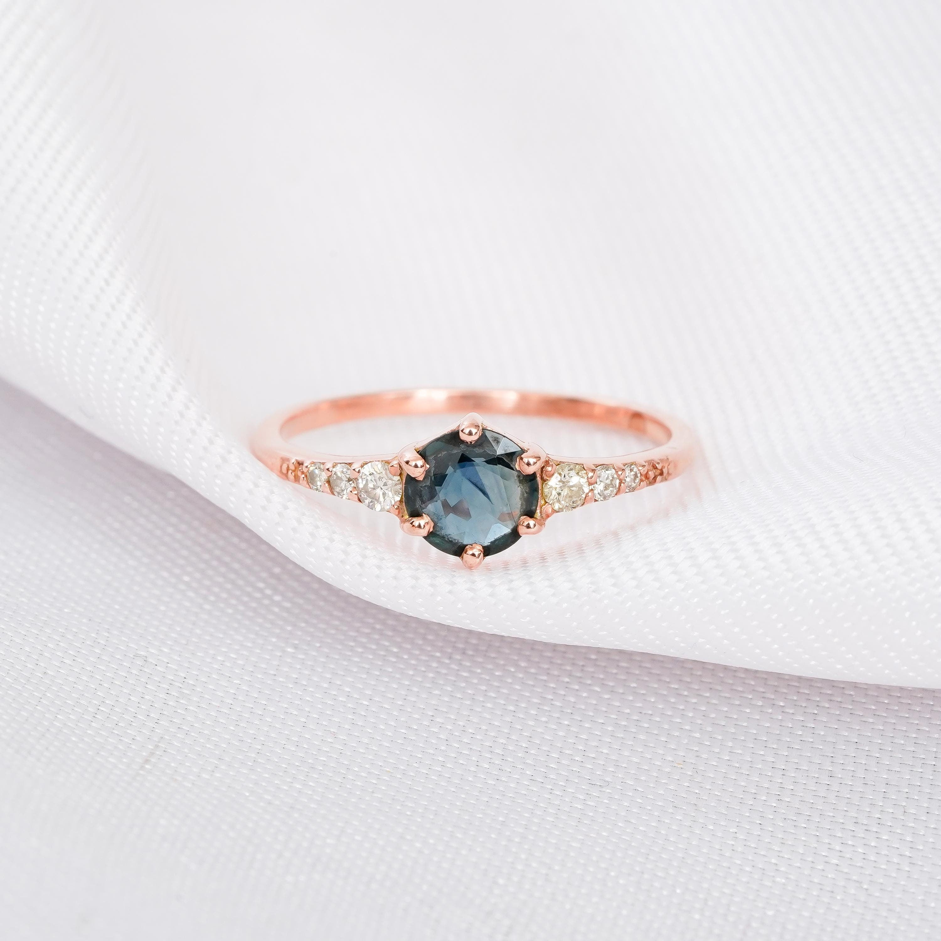 Round Blue Sapphire Engagement Ring 925 Sterling Silver Blue Wedding Ring For Women Proposal 6 Prongs Halo Set Minimalist Solitaire Ring