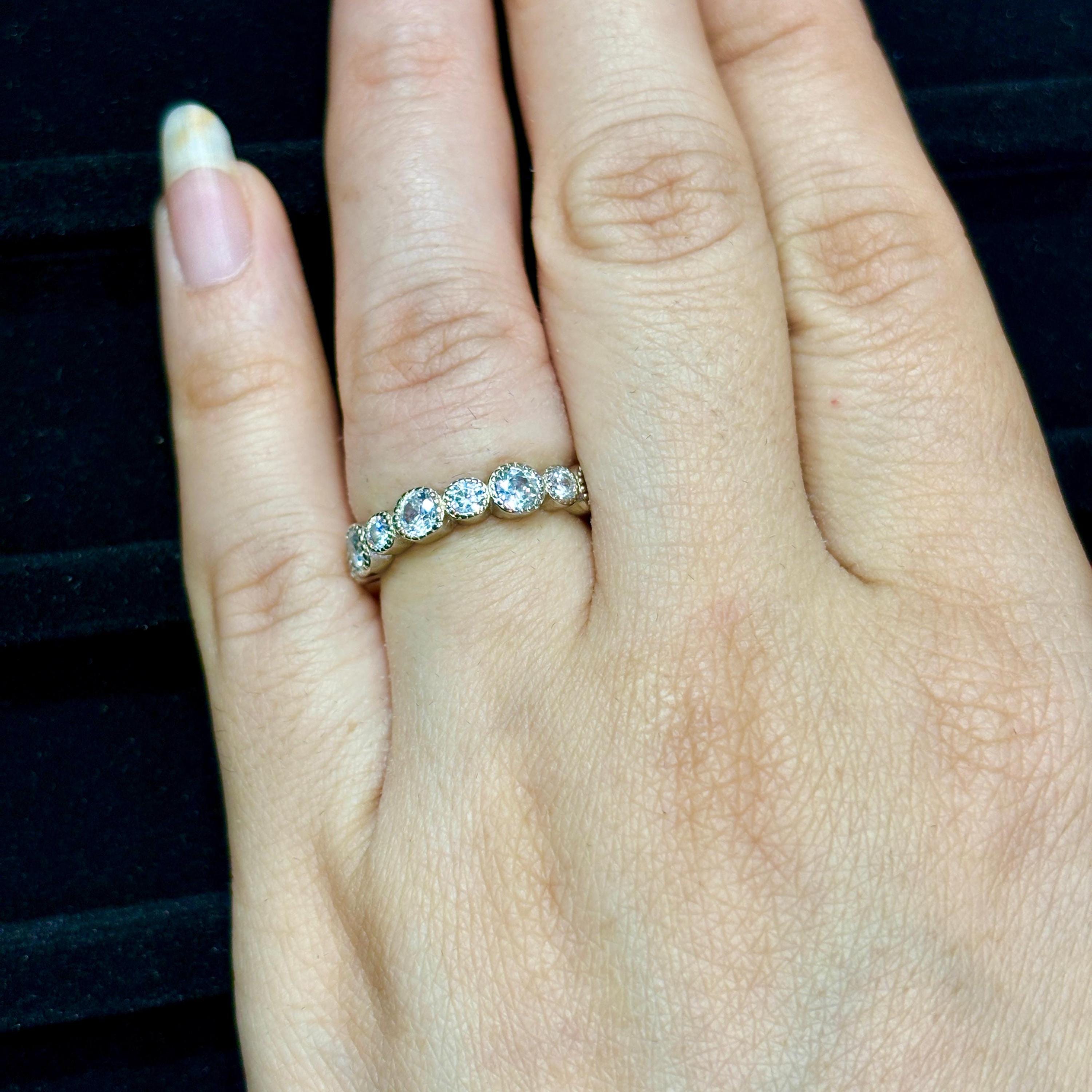 Moissanite Wedding Band Milgrain Bezel Set Art Deco Full Eternity Stacking Dainty Silver Proposal Ring Anniversary Gift Promise Ring For Her