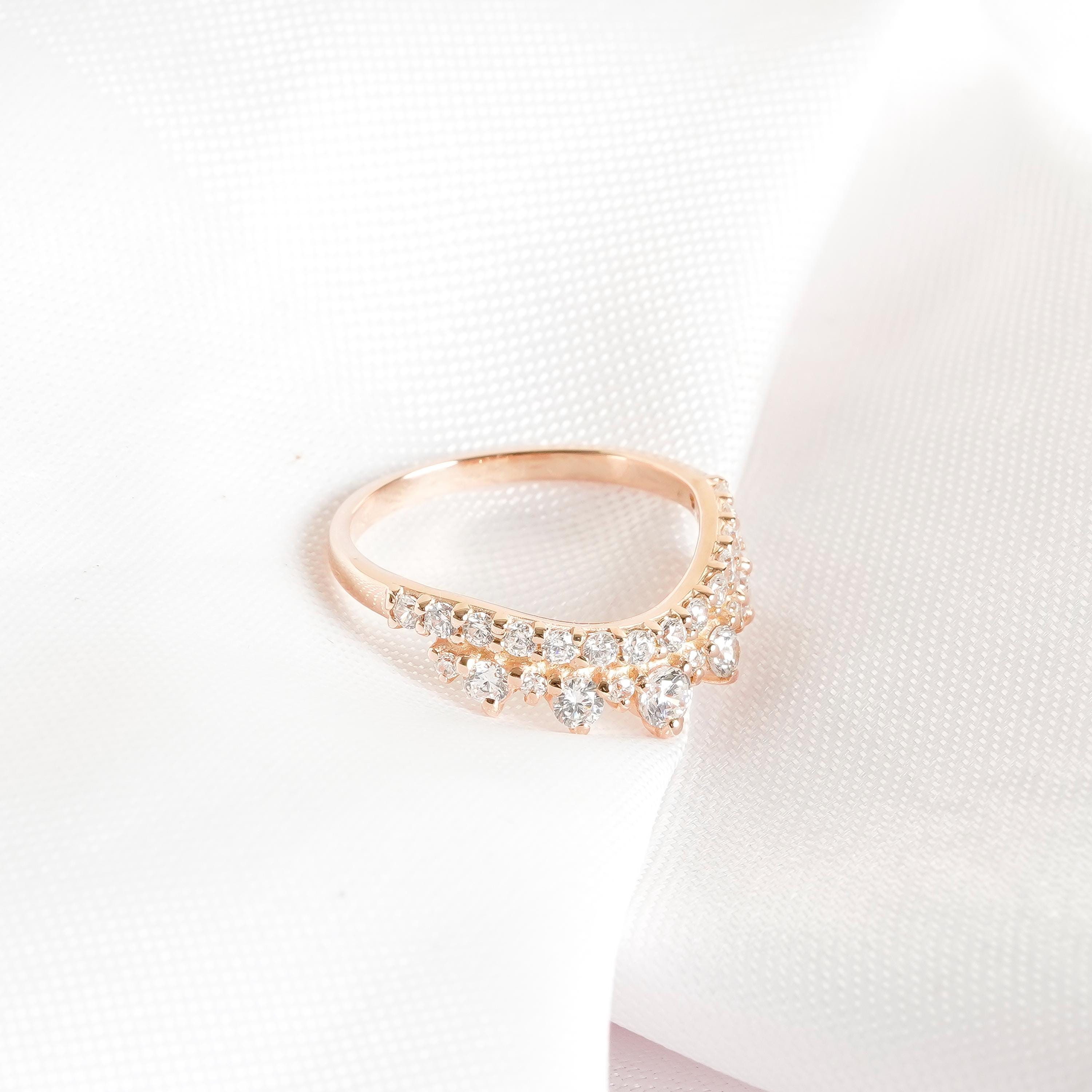 Crown Wedding Band Ring Moissanite Stacking Band For Women 925 Sterling Silver Bridal Anniversary Gift Minimalist Curved V Crown Dainty Band