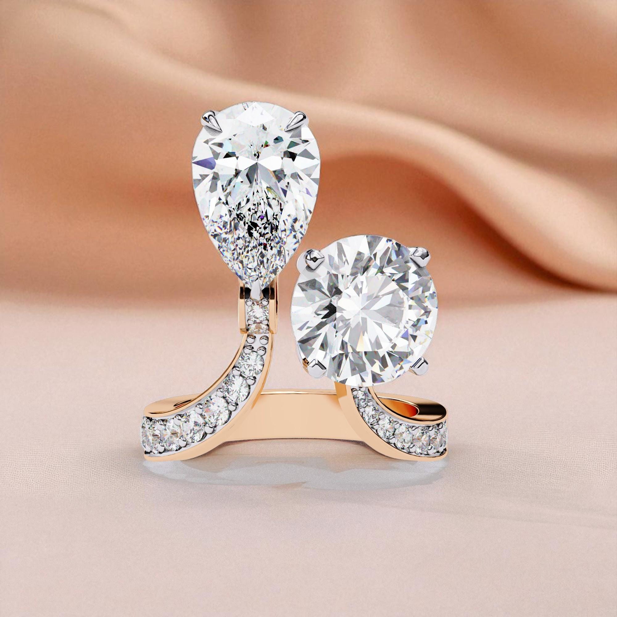 Toi Et Moi Engagement Ring Open Unique Wedding Bridal Bypass Pear and Round Moissanite Art Deco Prong Proposal Anniversary Ring For Women