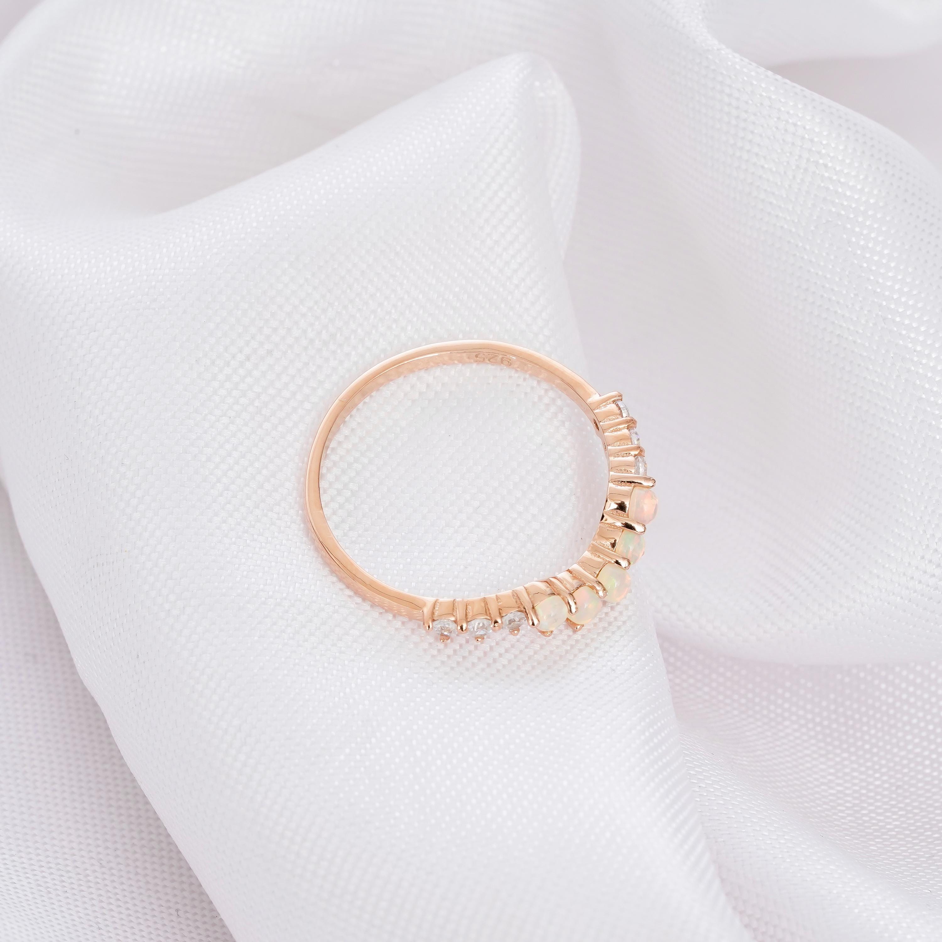 Opal Wedding Band For Women 925 Sterling Silver With Moissanites Round Stackable Curved Fire Opal Bridal Matching Anniversary Dainty Band