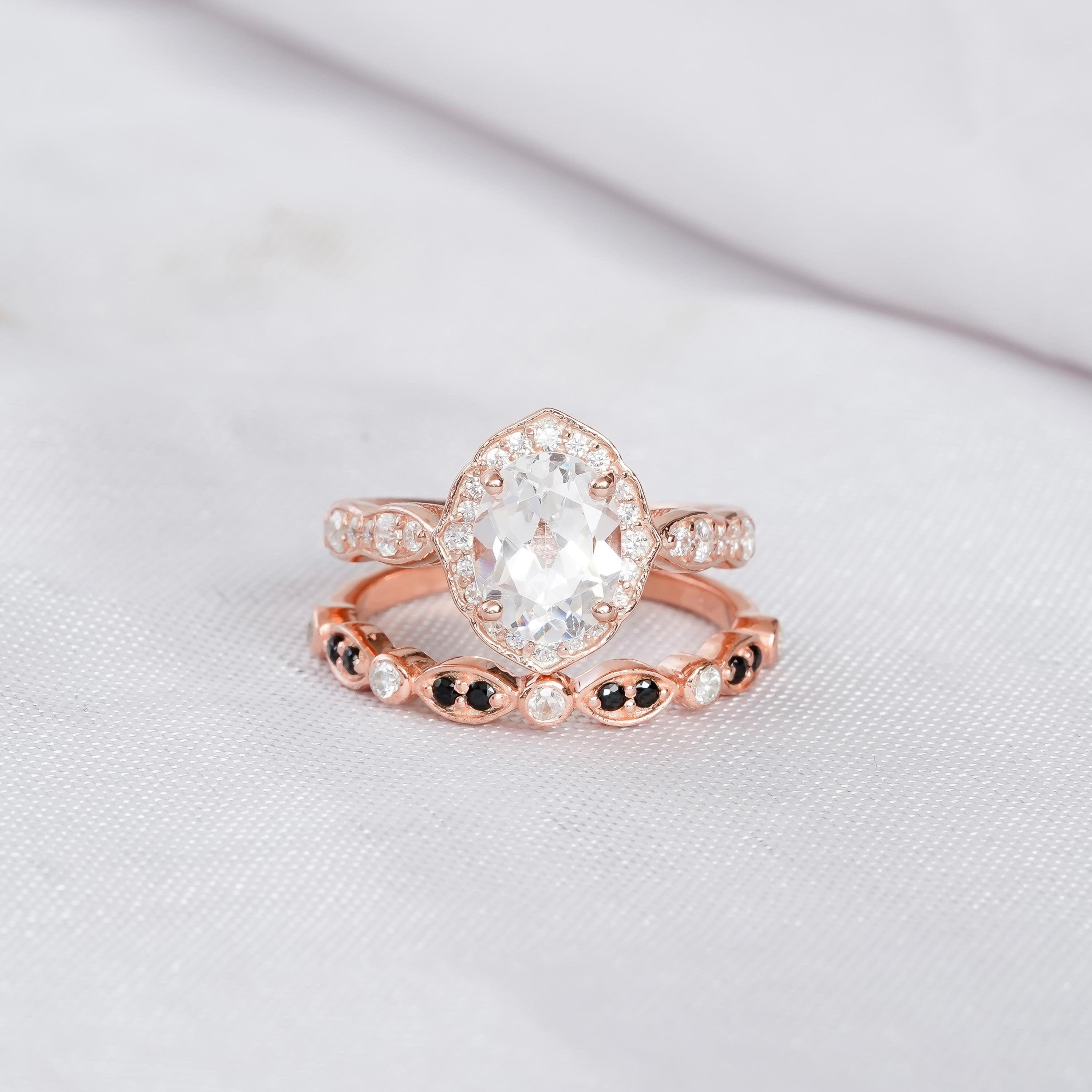 Art Deco Moissanite Engagement Ring Set For Women 925 Sterling Silver Milgrain Bridal Oval 2ct Ring Matching Black Onyx ArtDeco Wedding Band