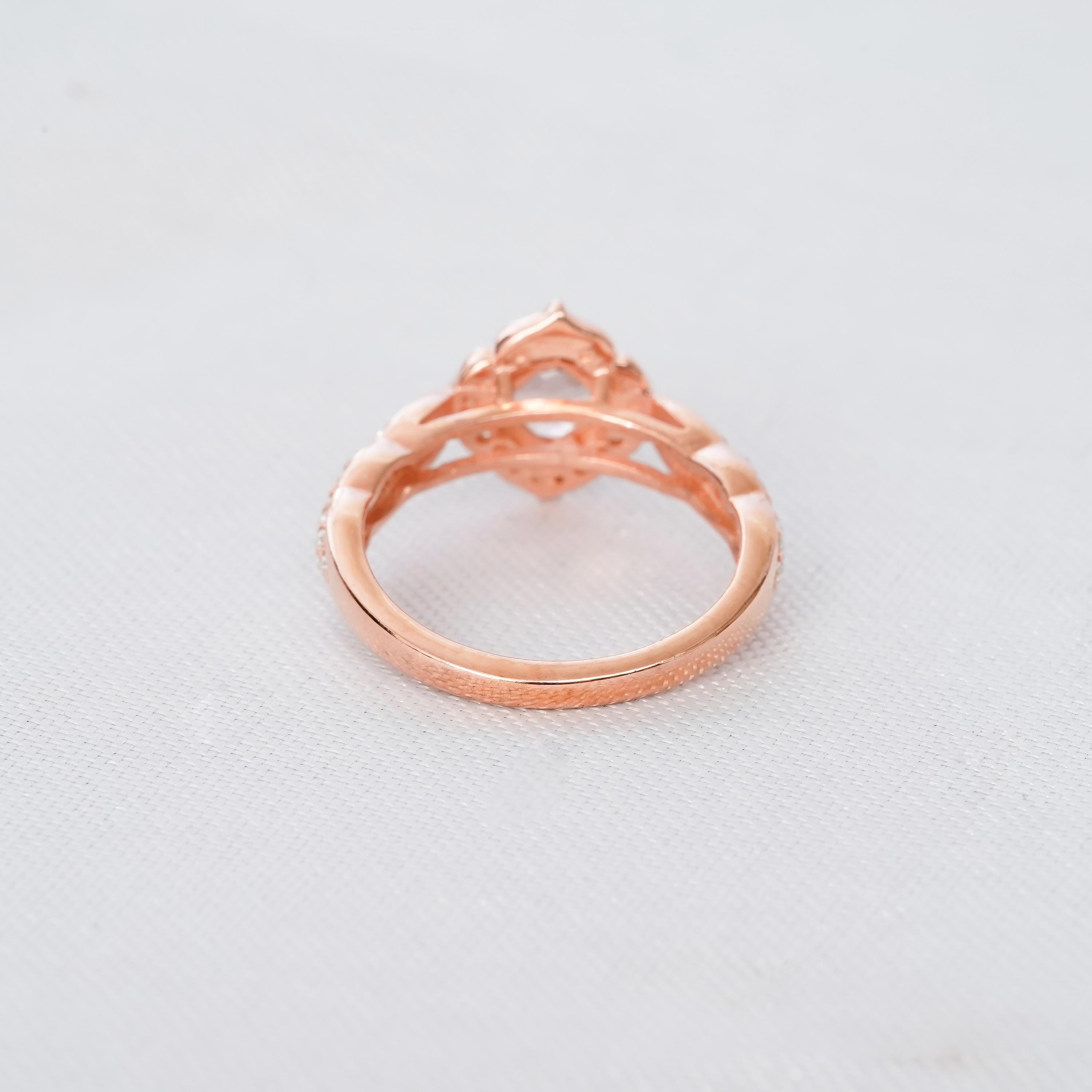 Morganite Engagement Ring Set With Matching Moissanite Leaf Wedding Band For Women Round Solitaire Floral Halo Art Deco Bridal Promise Ring