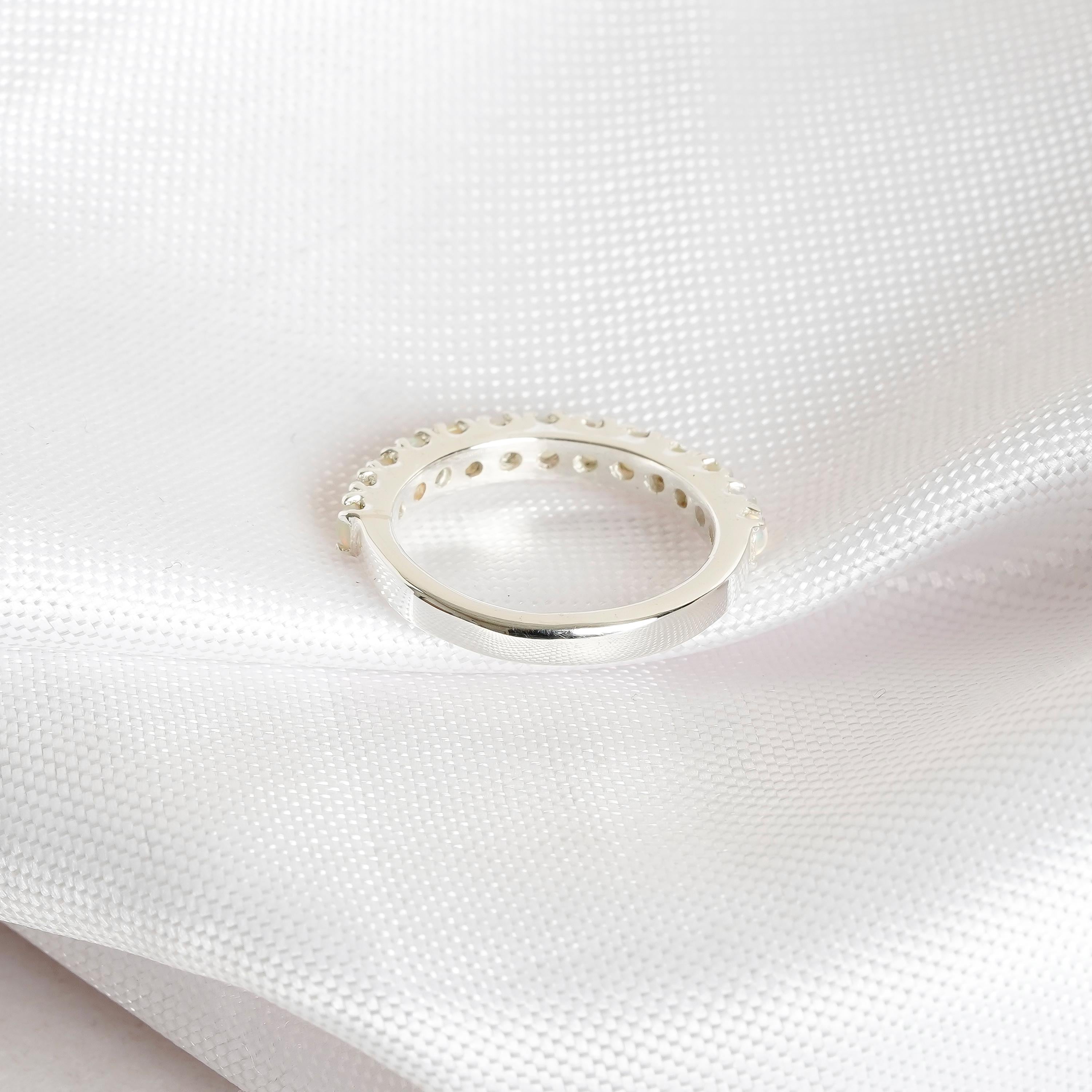 Opal Wedding Band For Women 925 Sterling Silver Stackable Fire Opal Round Bridal Matching Anniversary Gift Delicate Pave Set Dainty Band