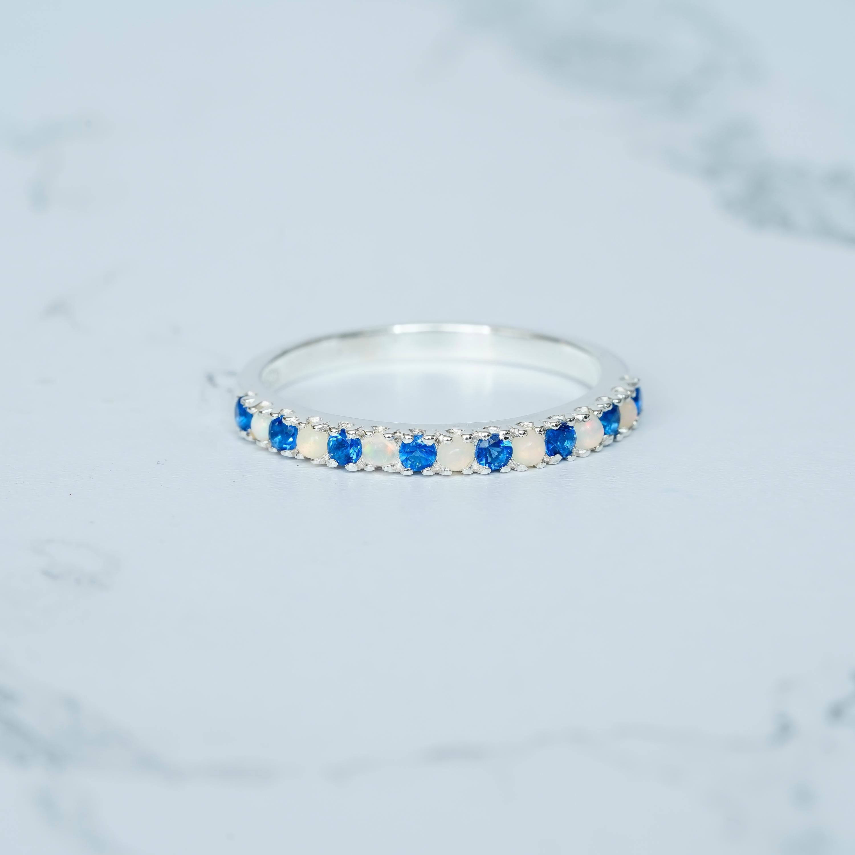 Blue Topaz and Opal Eternity Band For Women 925 Sterling Silver Stackable Round Cut Fire Opal Bridal Matching Anniversary Gift Dainty Band