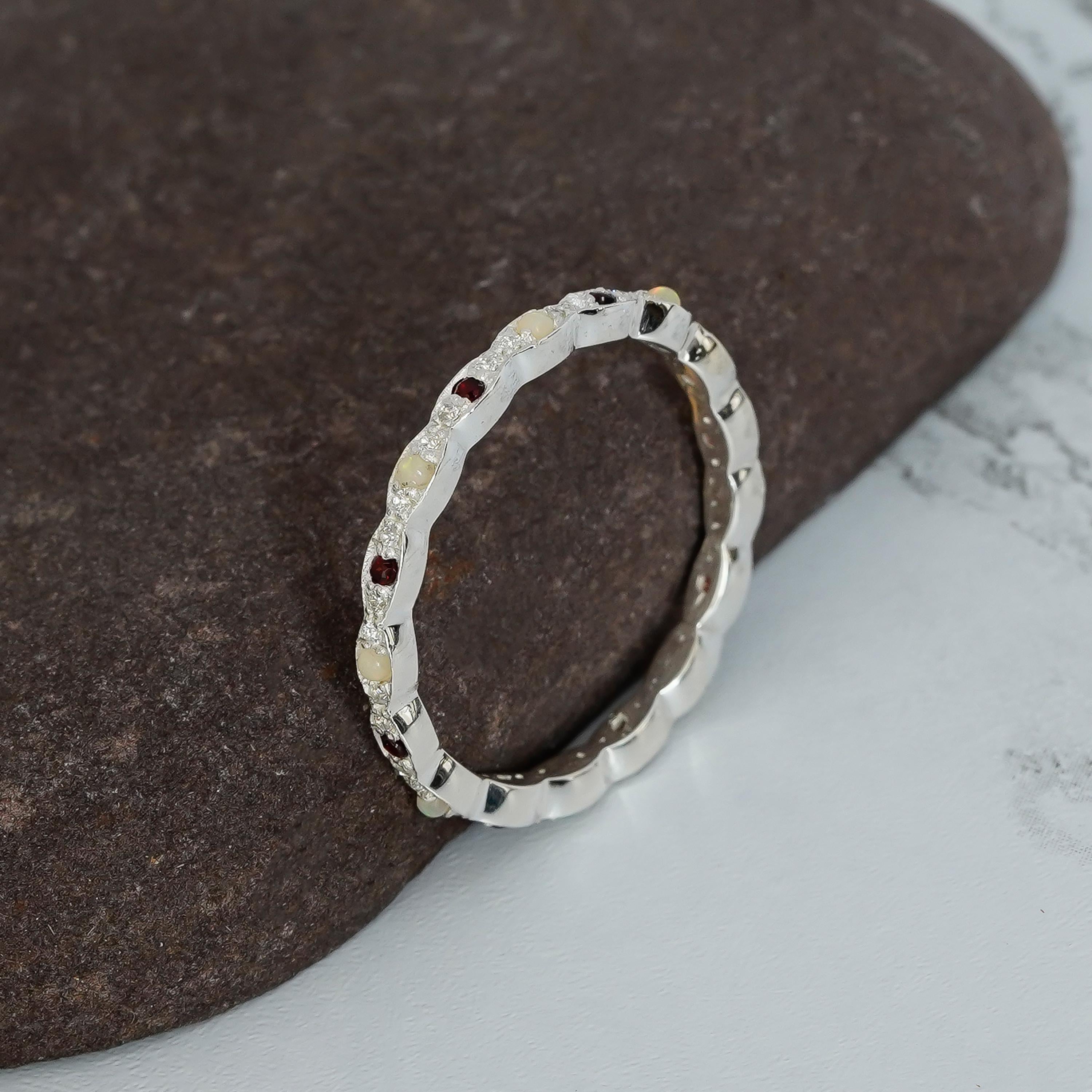 Opal Eternity Band For Women 925 Sterling Silver With Ruby Stackable Delicate Full Eternity Bridal Matching Anniversary Gift Dainty Band