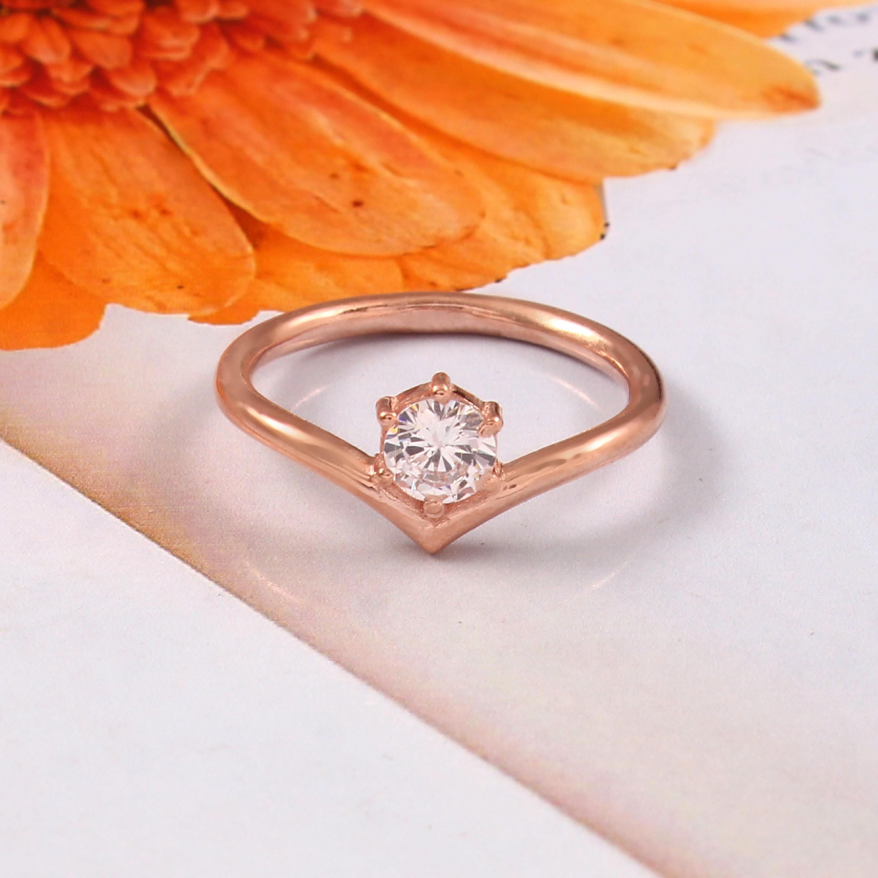 Moissanite Chevron Ring Solitaire 6 Prongs Engagement Wedding Bridal 925 Sterling Silver Minimalist Thin Curved V Shape Band Anniversary