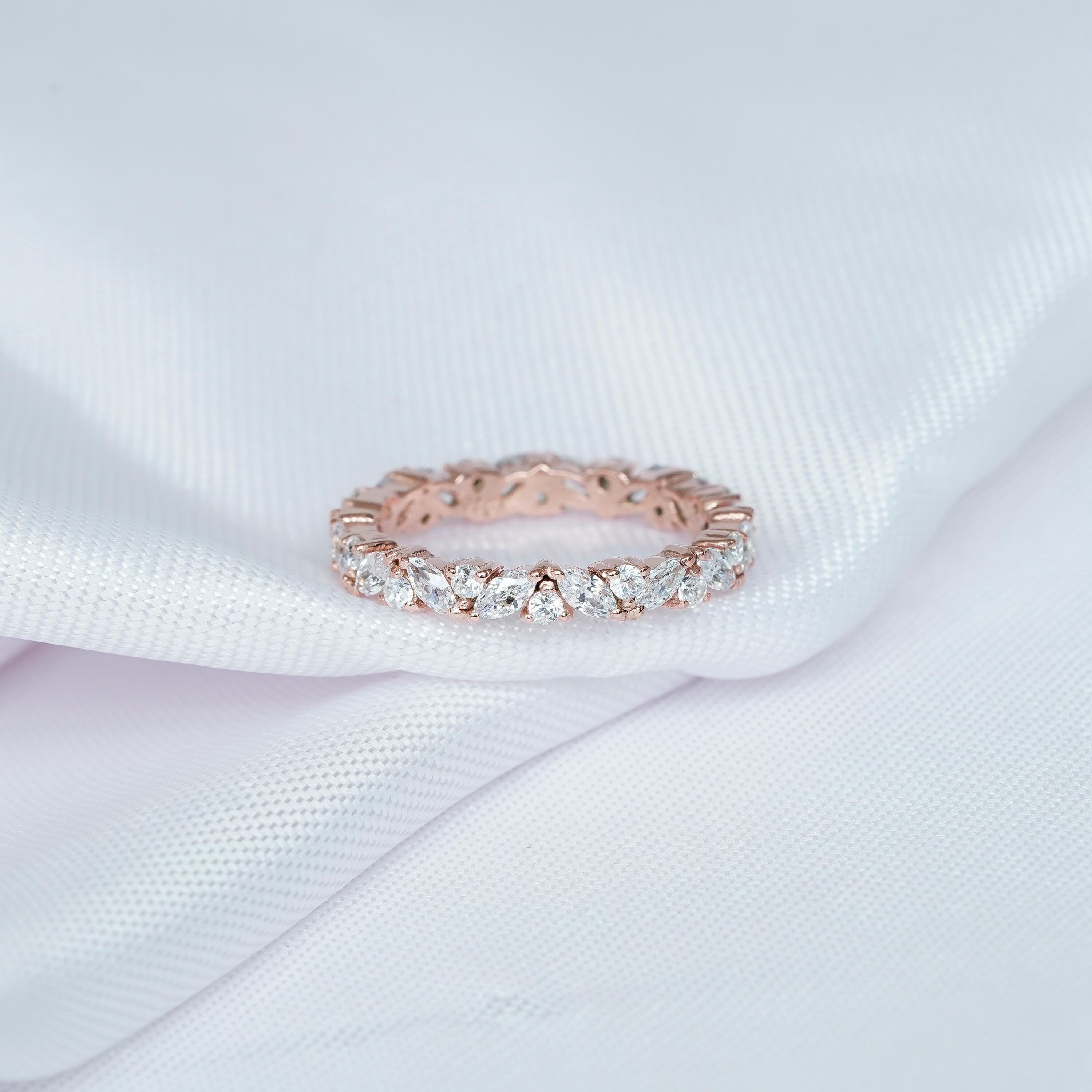 Aquamarine Full Eternity Band For Women 925 Sterling Silver Stackable Marquise Cut Stone  Blue Bridal Matching Anniversary Gift Dainty Band