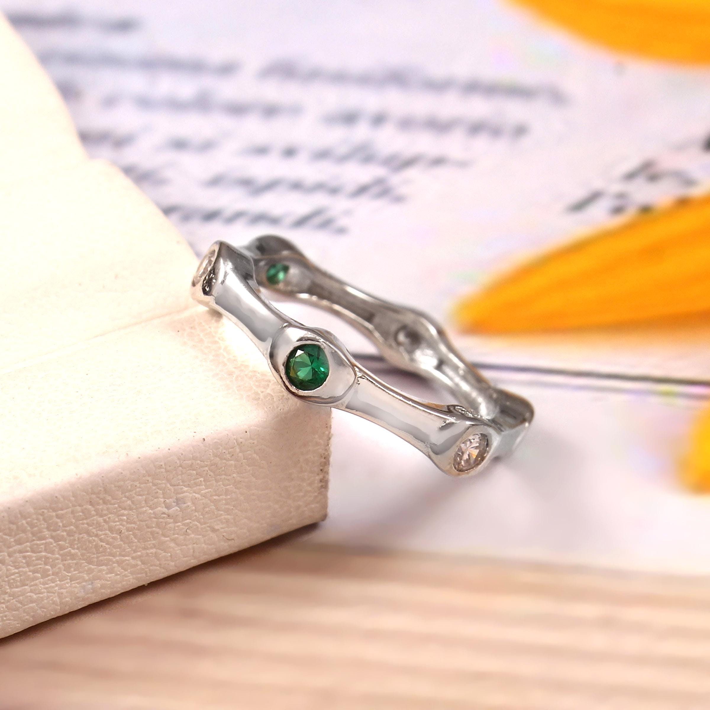 Moissanite Wedding Band With Emerald Bezel Set Art Deco Eternity Band Bubble Stacking Dainty Branch Shape Silver Promise Ring For Her
