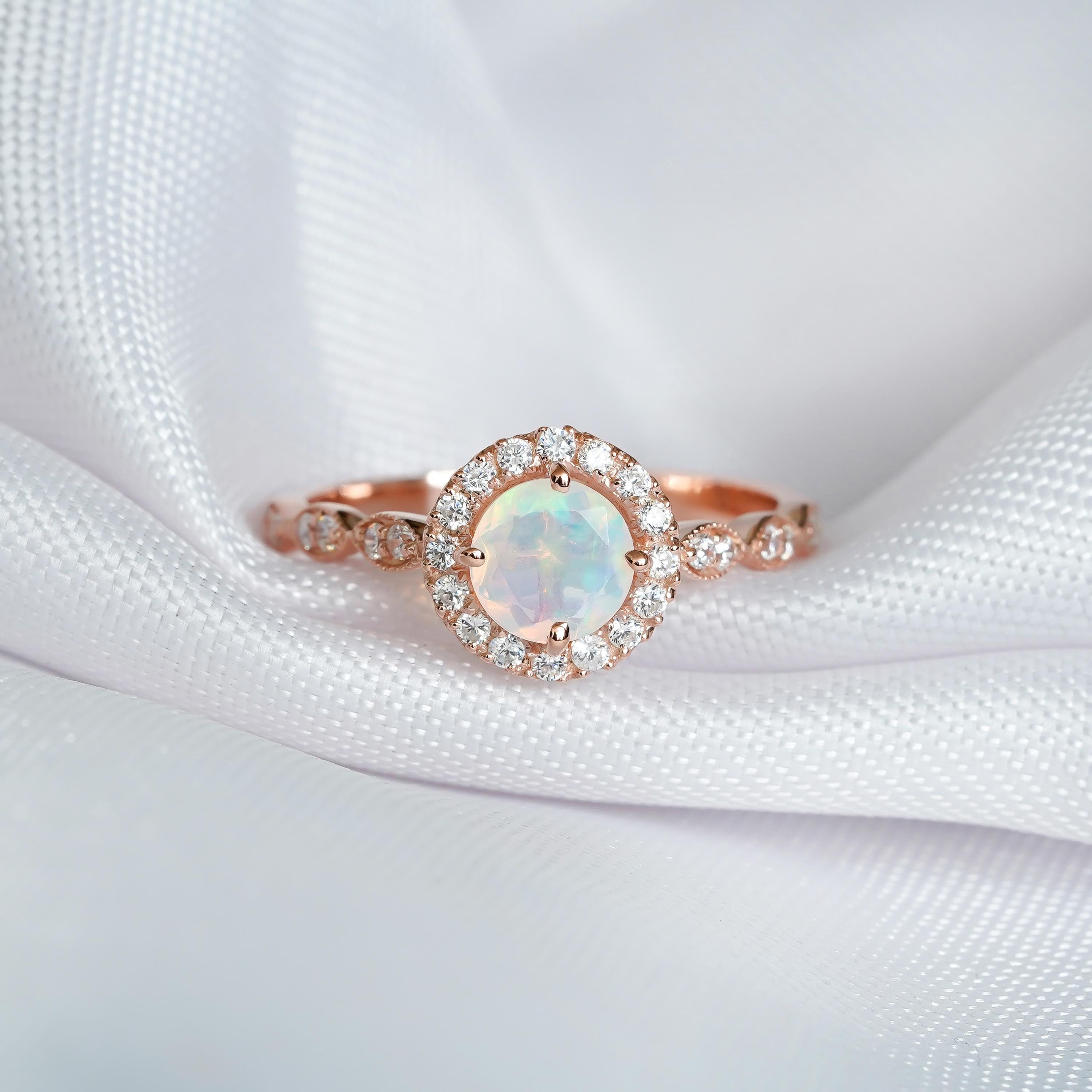 Opal Halo Engagement Ring 925 Sterling Silver Round Fire Opal Wedding Ring For Women Proposal Minimalist Pave Set Round Halo Milgrain Ring