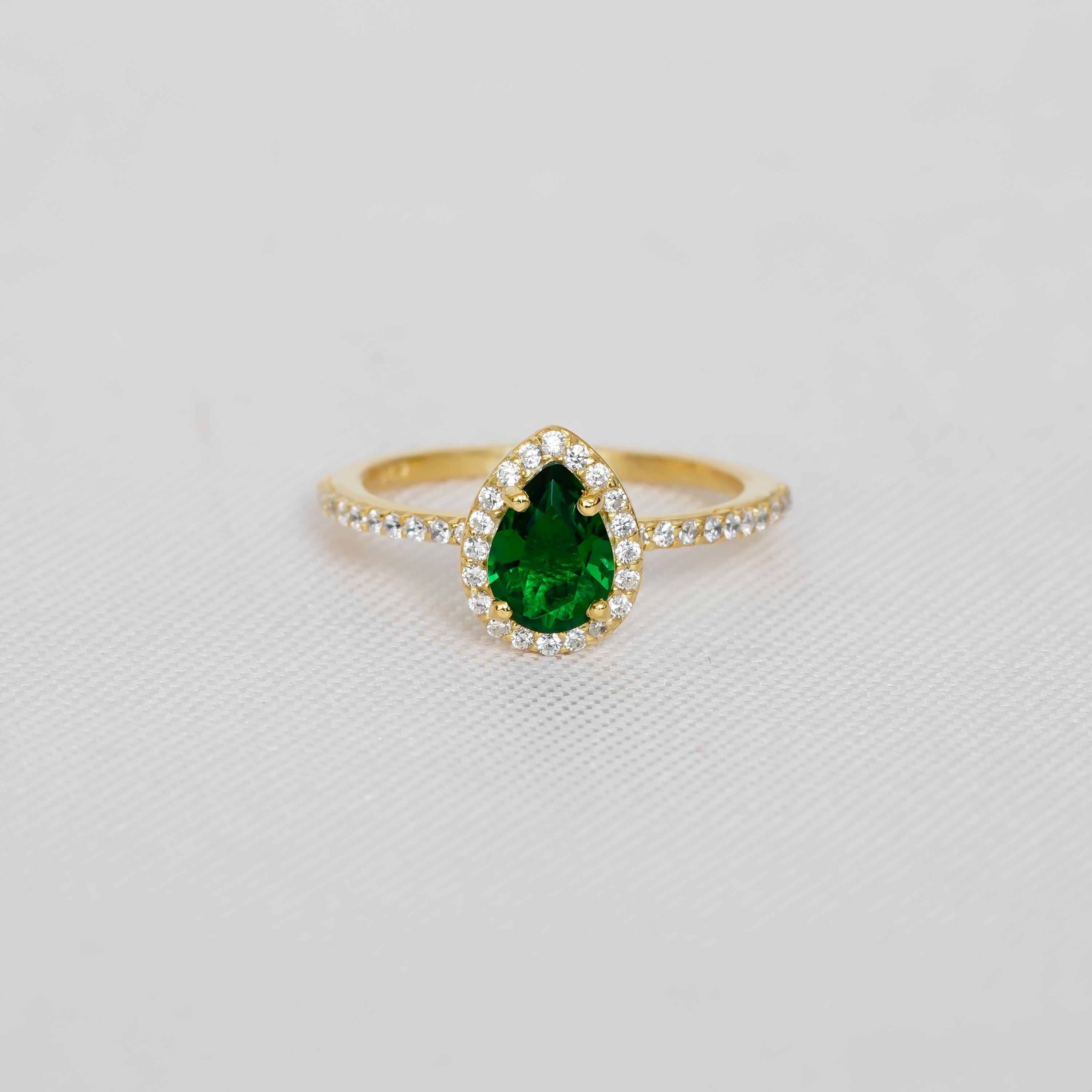 Pear Emerald Sterling Silver Ring, Teardrop Halo, Proposal Ring