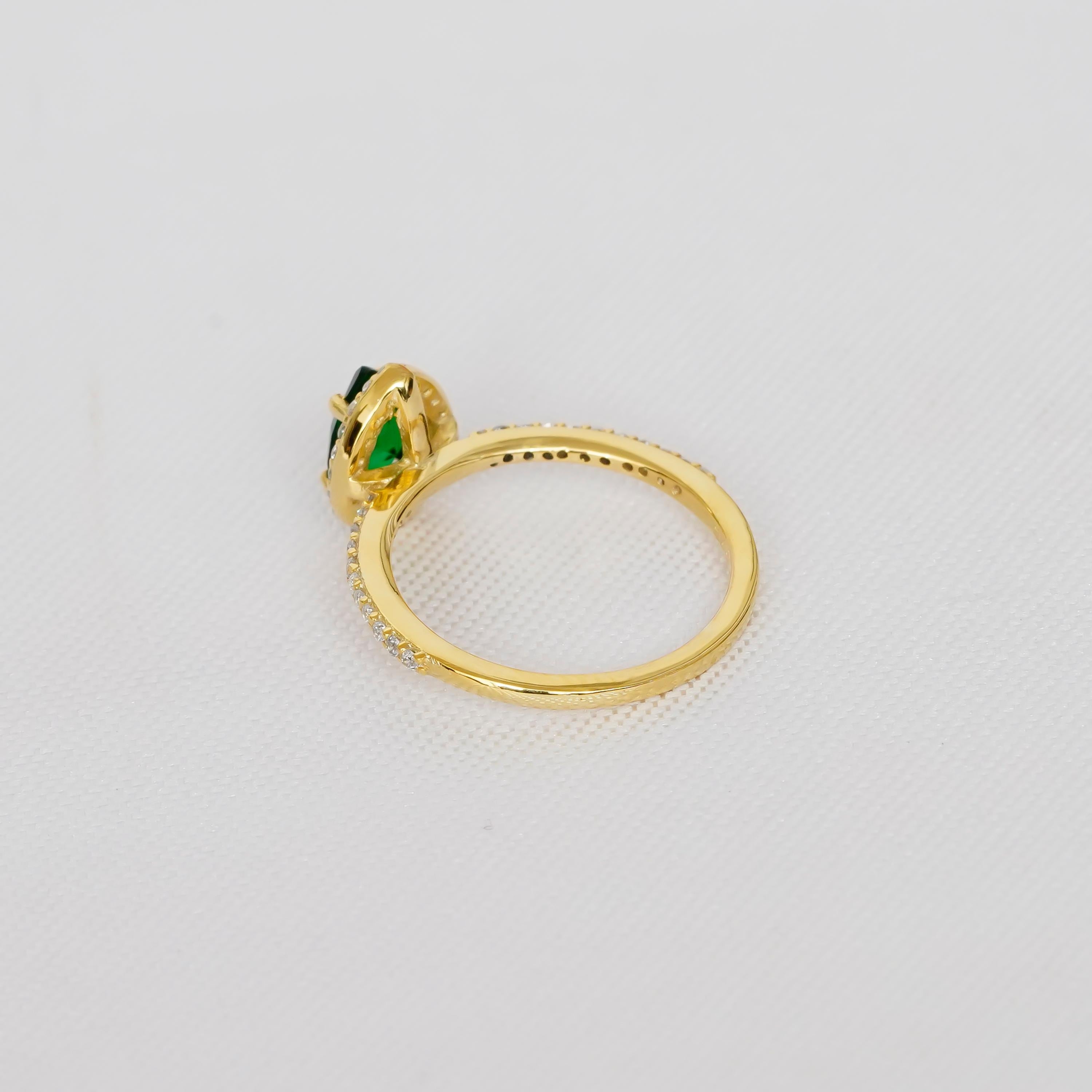 Pear Emerald Sterling Silver Ring, Teardrop Halo, Proposal Ring