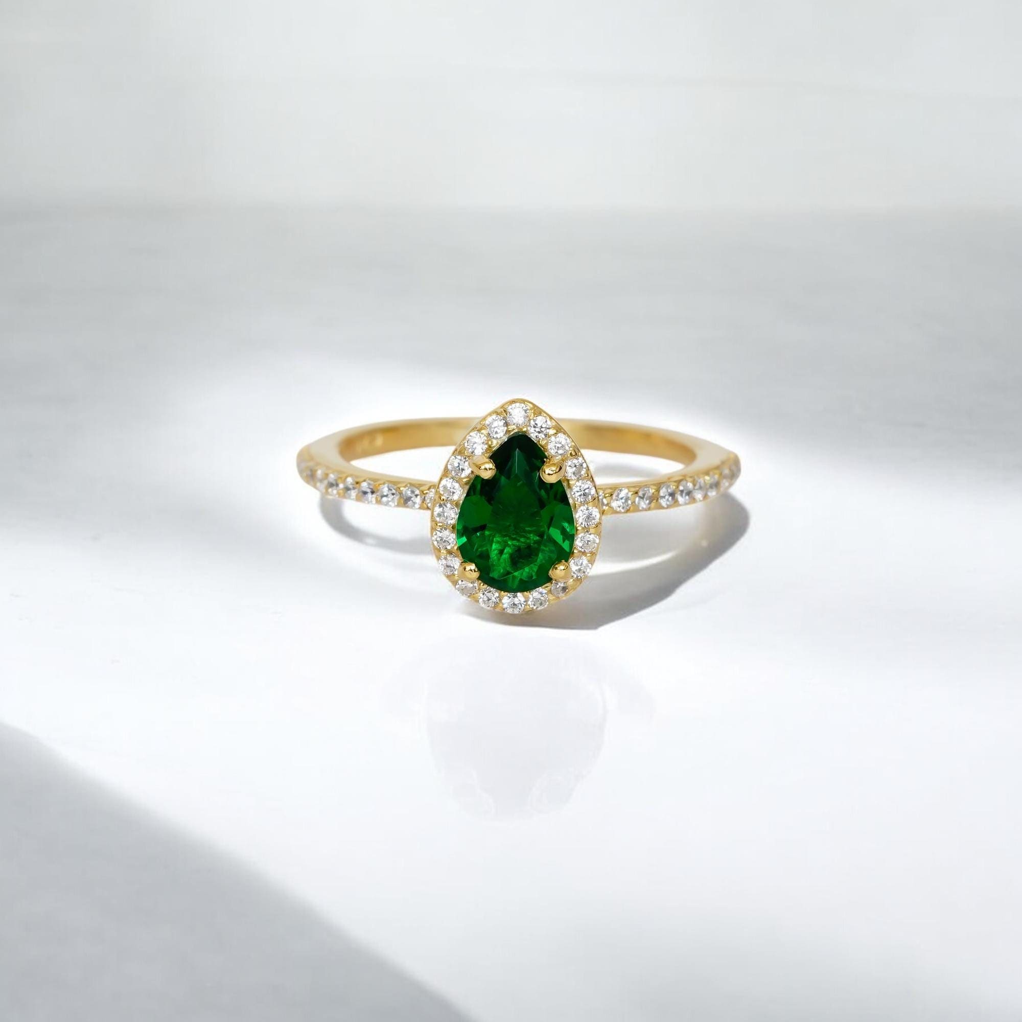 Pear Emerald Sterling Silver Ring, Teardrop Halo, Proposal Ring