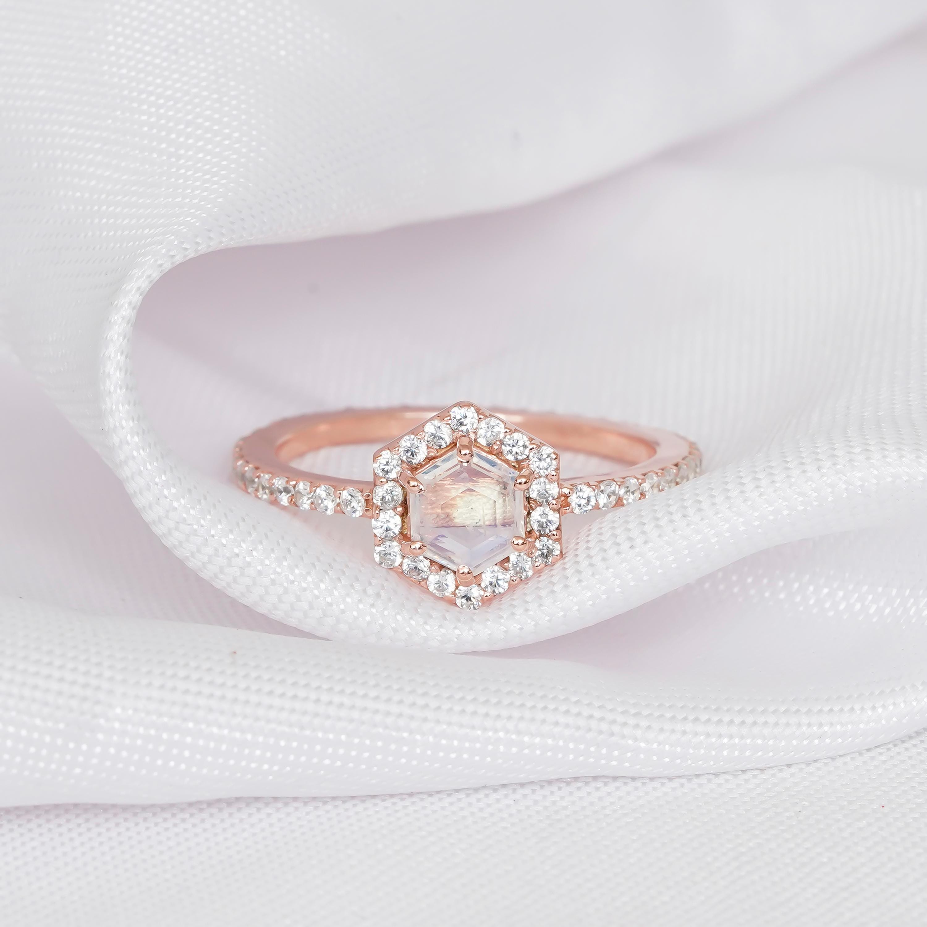 Hexagon Rainbow Moonstone Engagement Ring, Sterling Silver Halo Solitaire