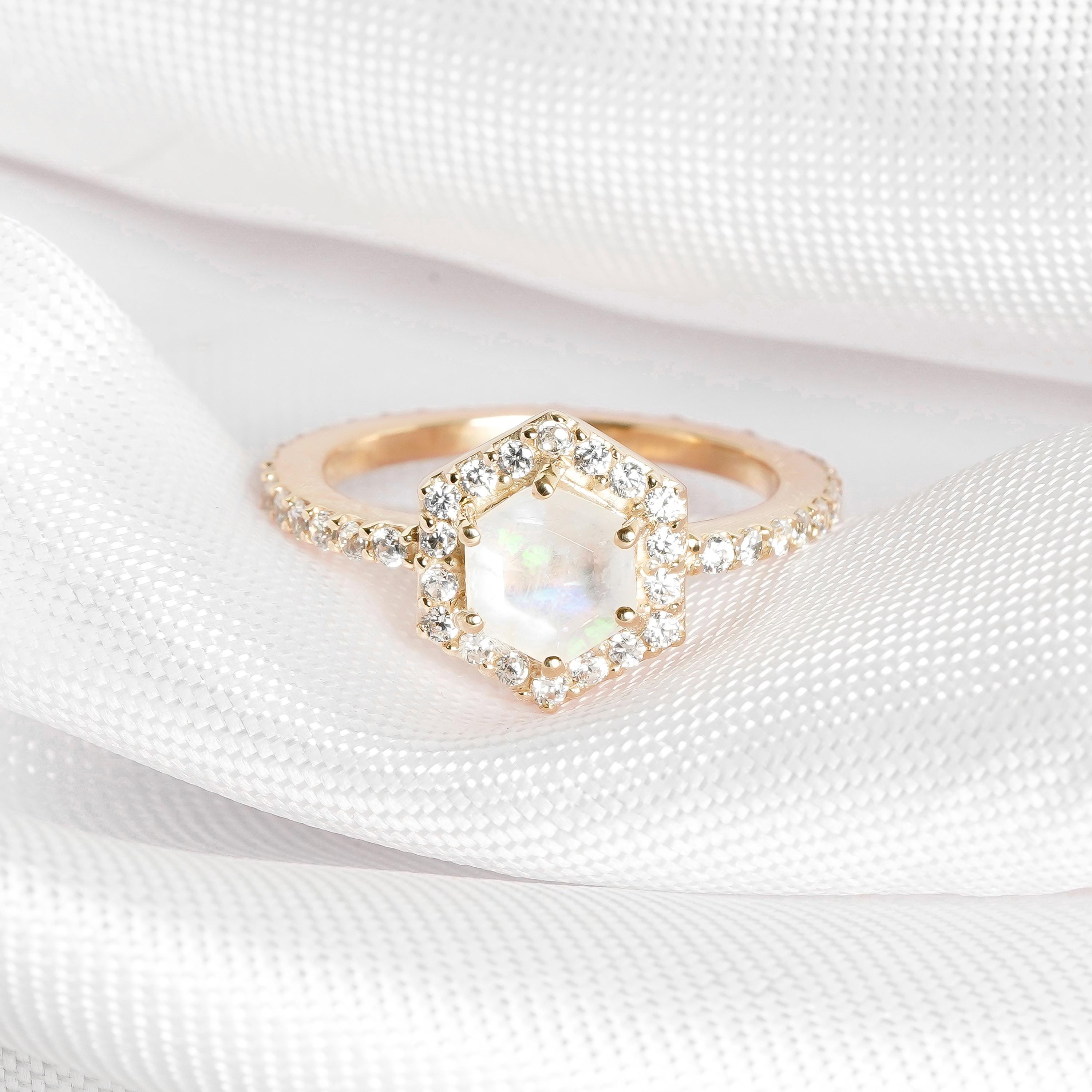 Hexagon Rainbow Moonstone Engagement Ring, Sterling Silver Halo Solitaire