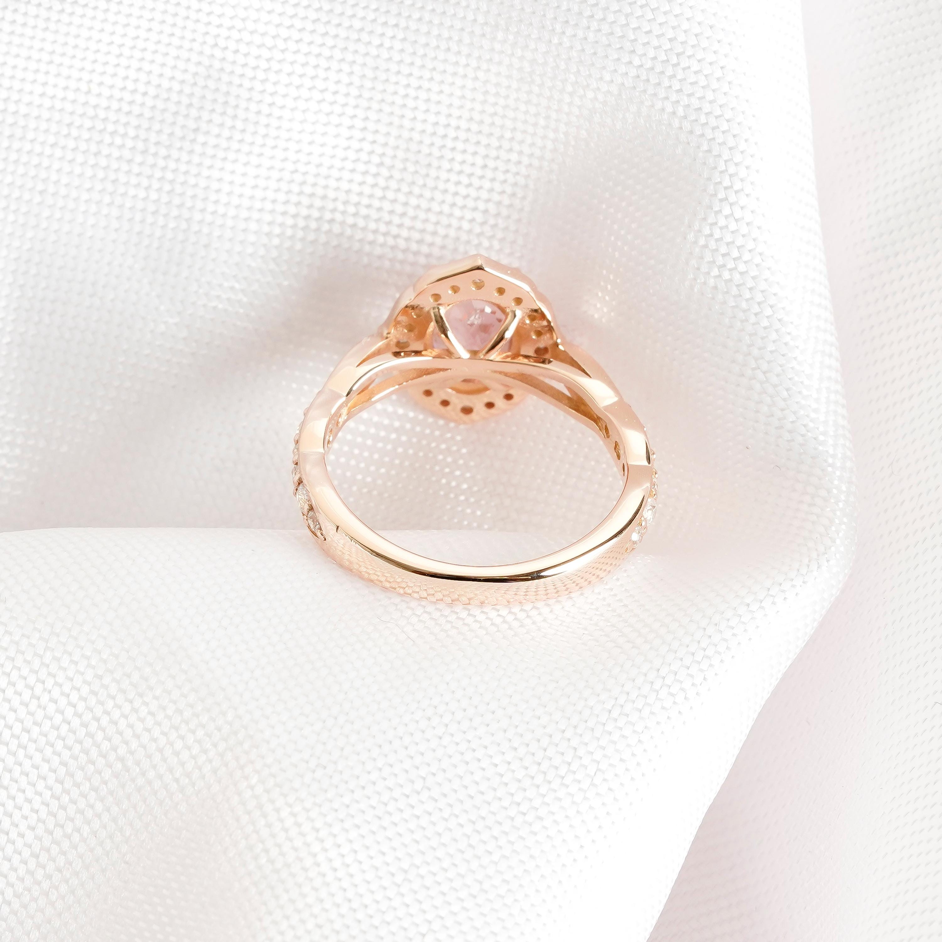 Oval Peach Morganite Engagement Ring, Halo Moissanite, Sterling Silver
