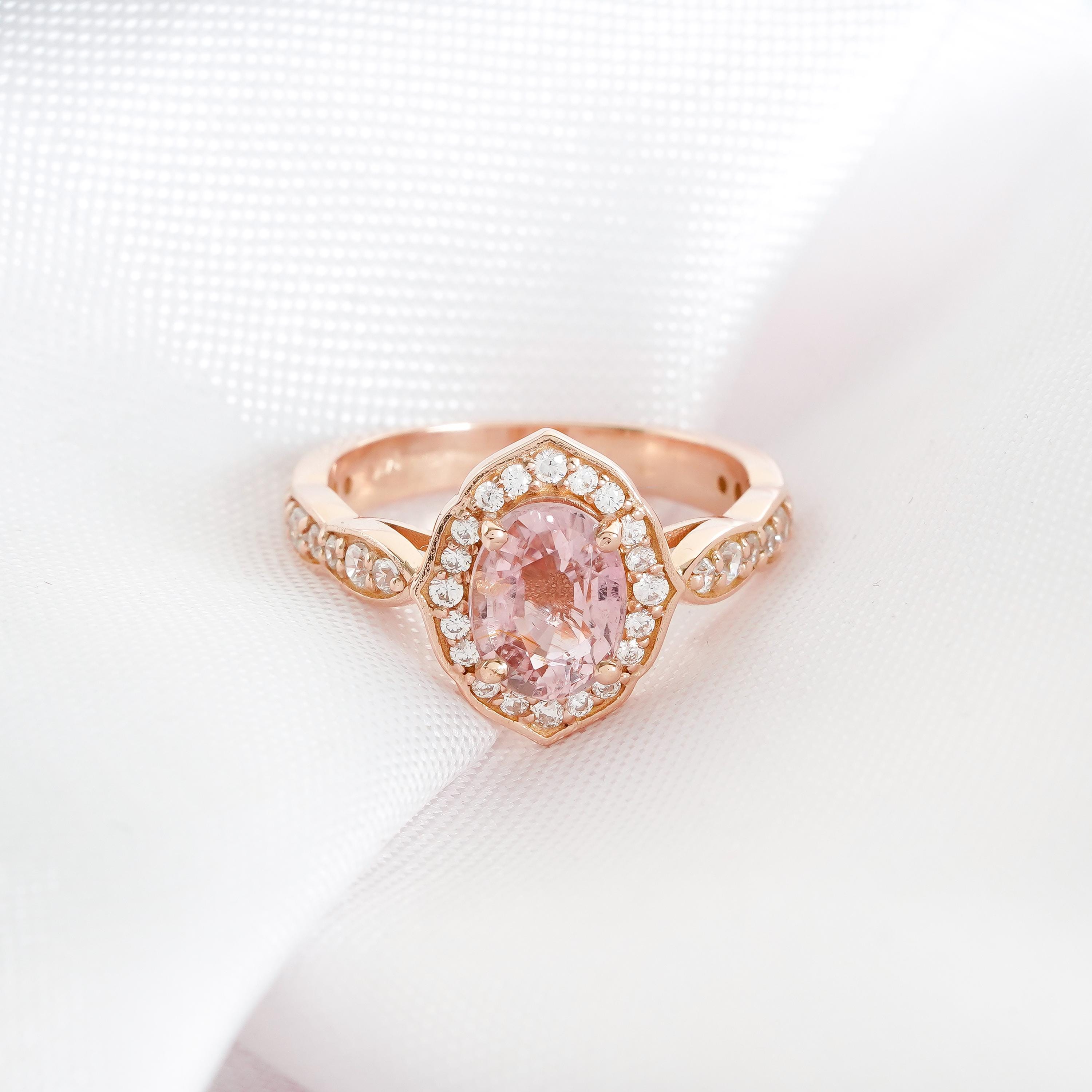 Oval Peach Morganite Engagement Ring, Halo Moissanite, Sterling Silver