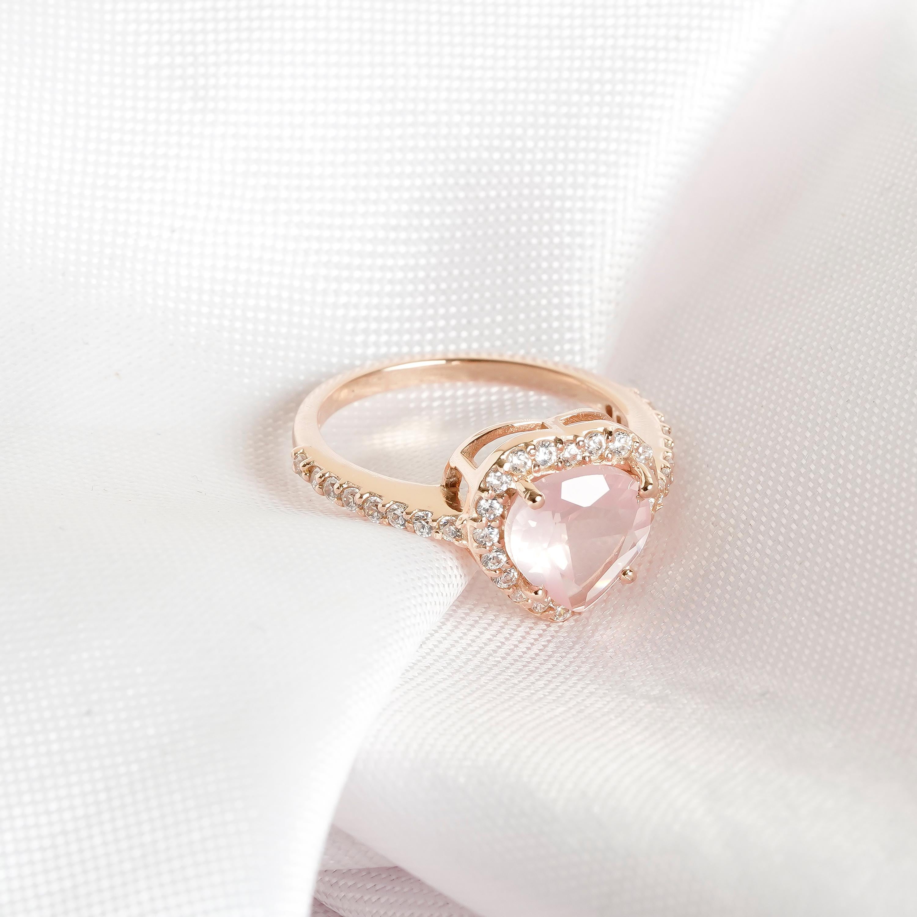 Heart Rose Quartz Engagement Ring, Sterling Silver Moissanite Halo