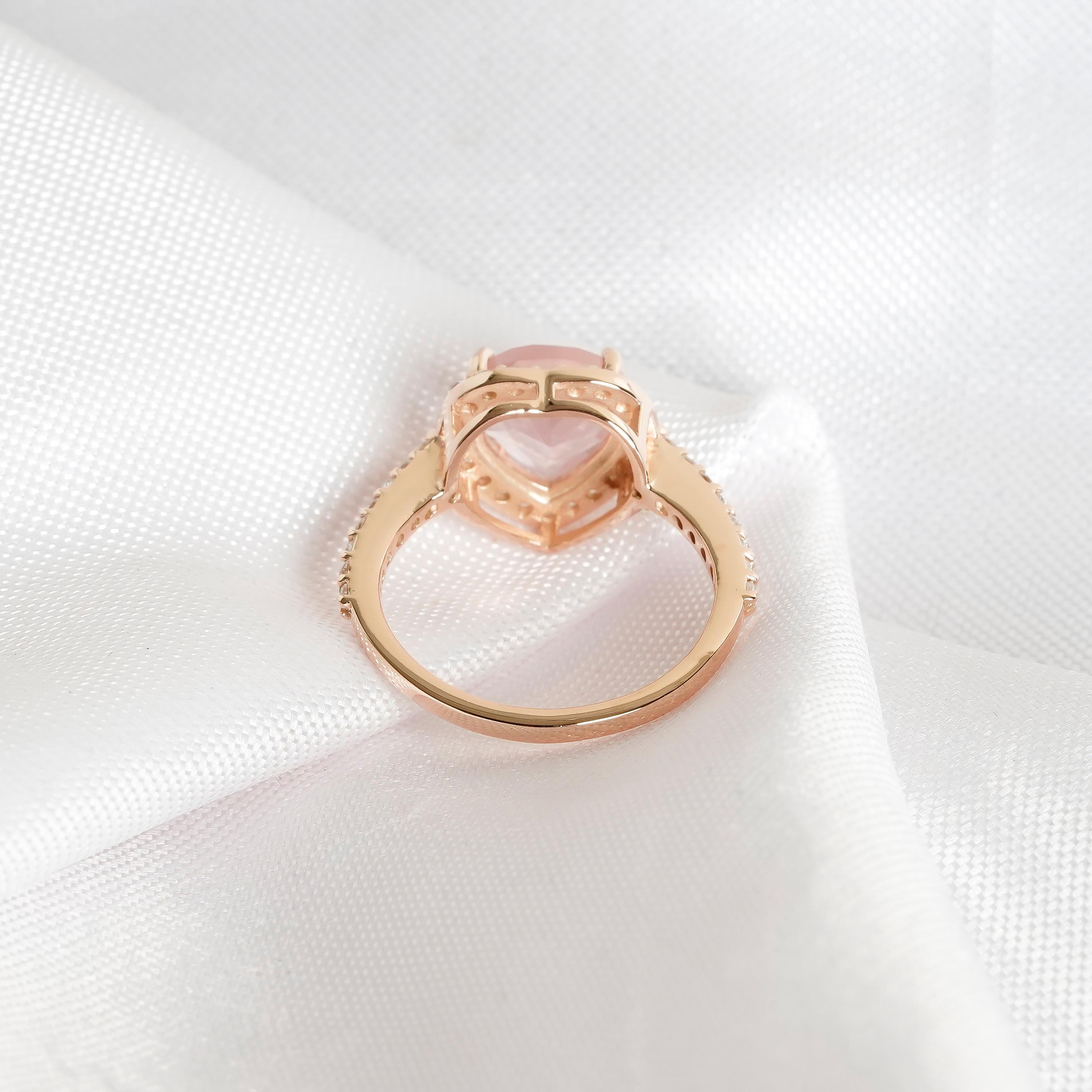 Heart Rose Quartz Engagement Ring, Sterling Silver Moissanite Halo