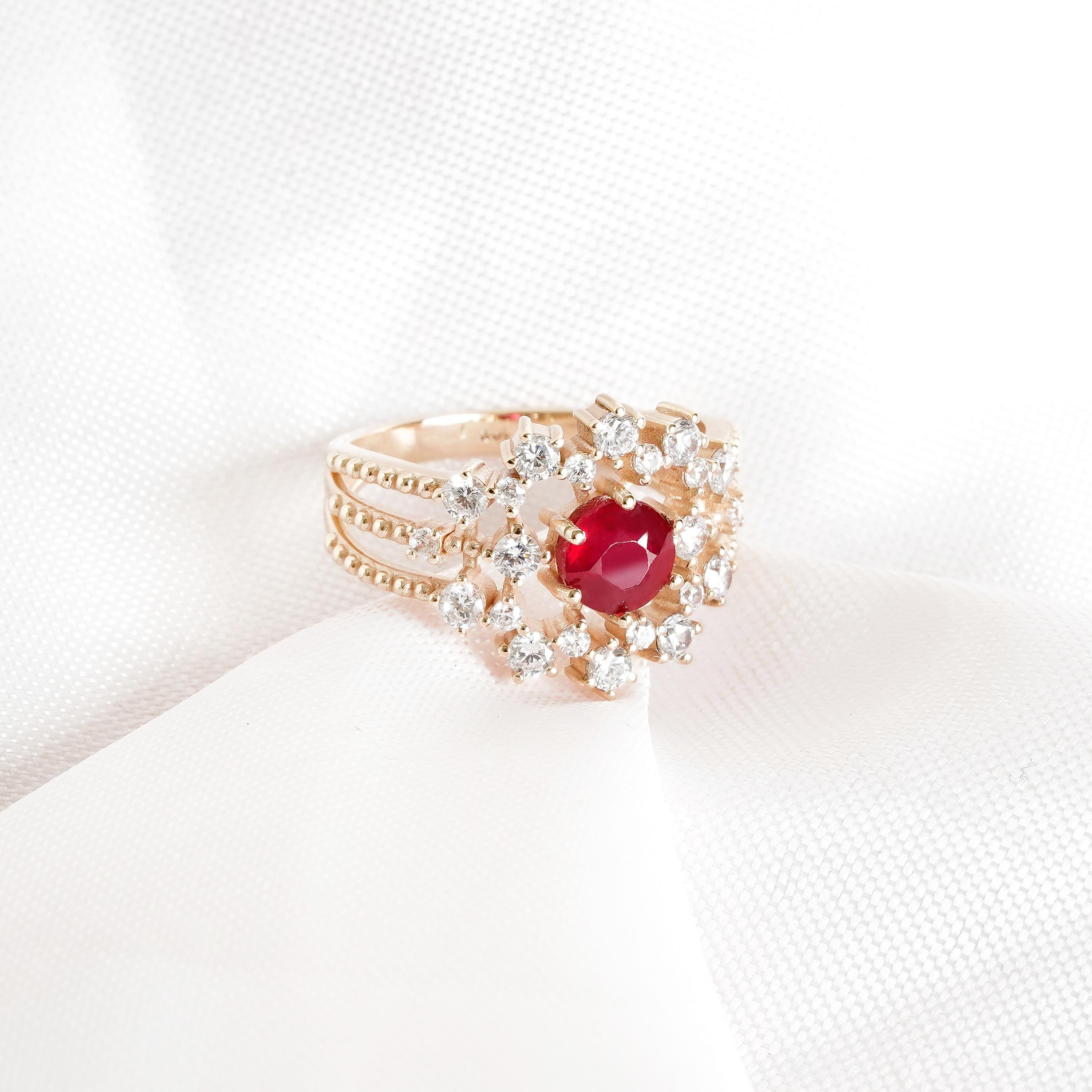 Ruby Engagement Ring, 925 Sterling Silver, Halo Moissanite, Round Cut
