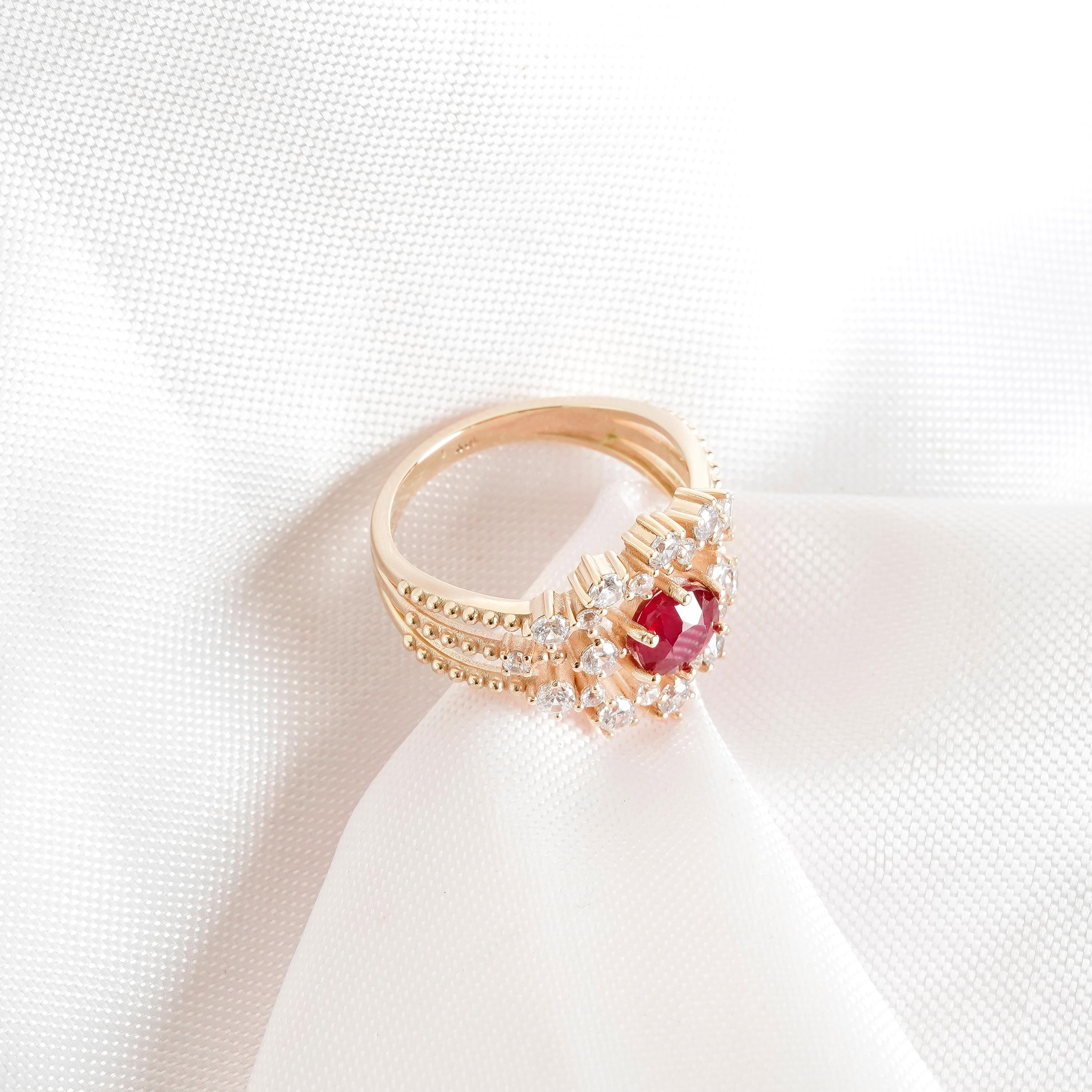 Ruby Engagement Ring, 925 Sterling Silver, Halo Moissanite, Round Cut