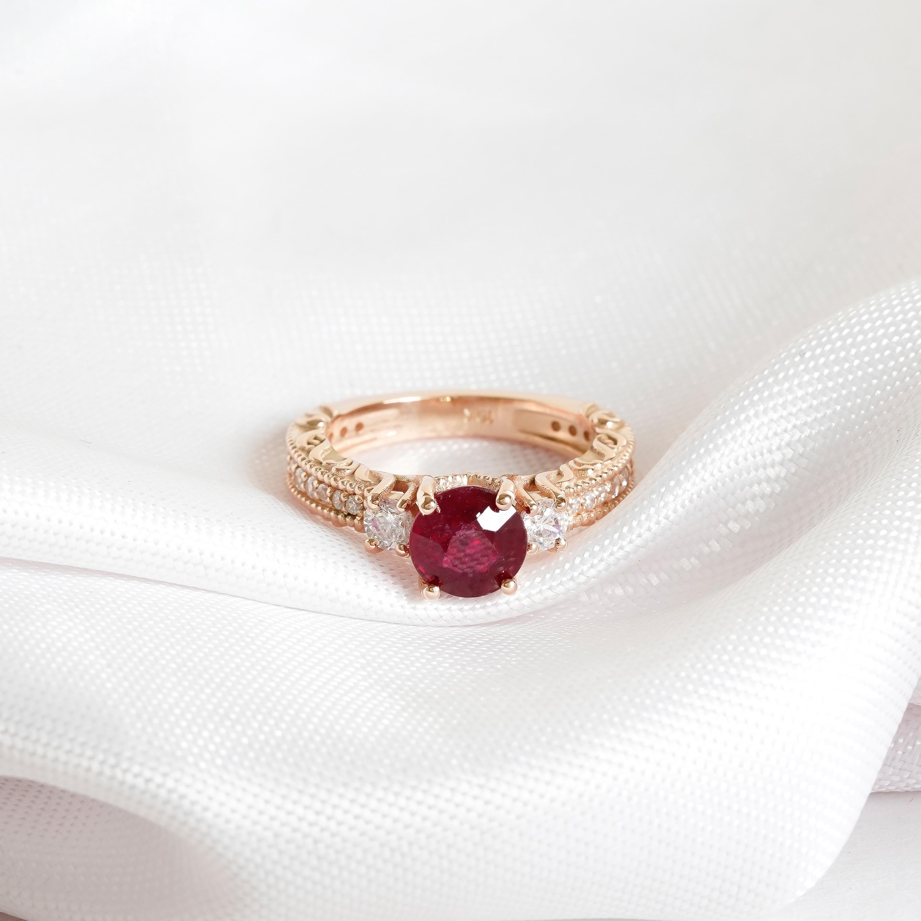 Lab Ruby Engagement Ring, Sterling Silver Halo Filigree Setting