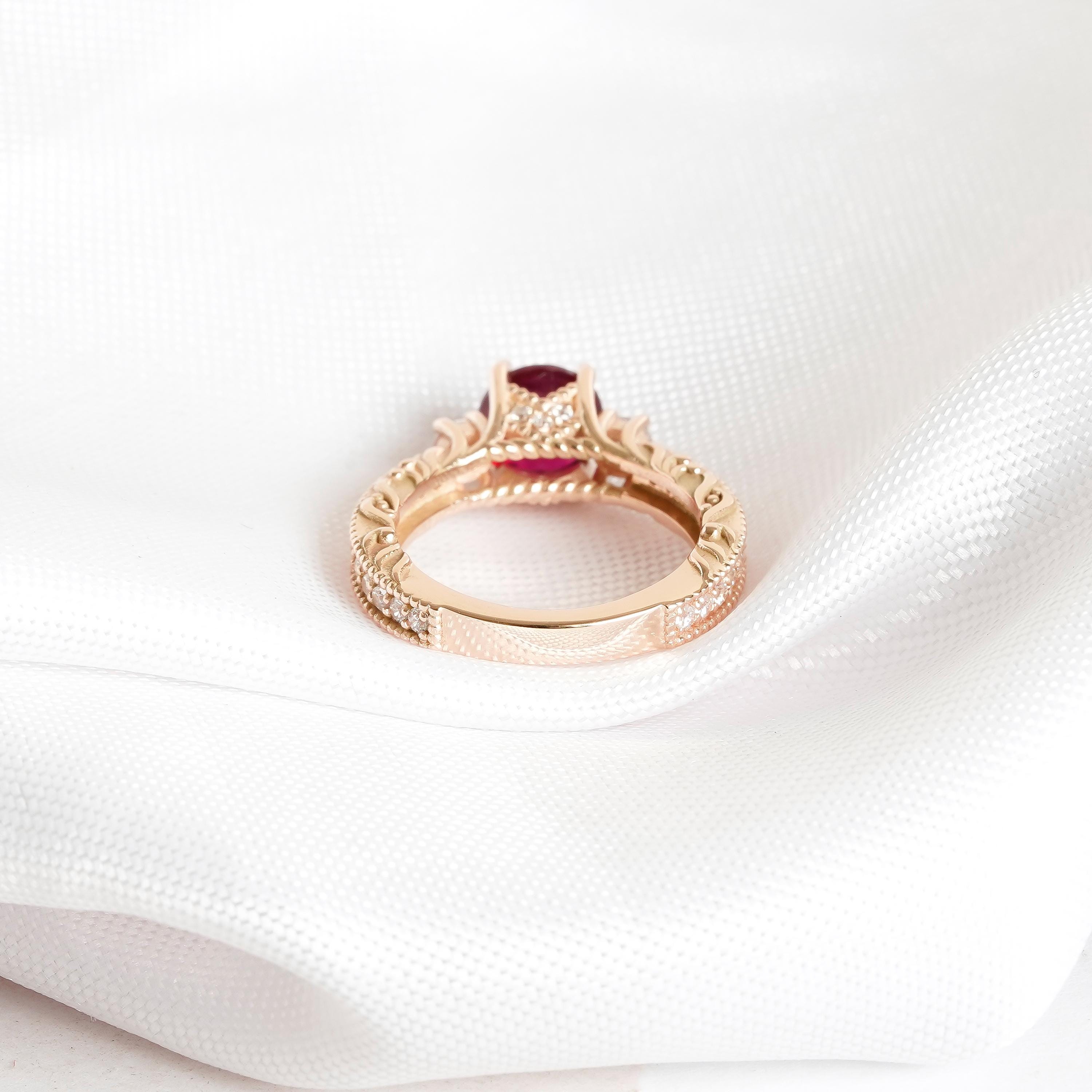 Lab Ruby Engagement Ring, Sterling Silver Halo Filigree Setting