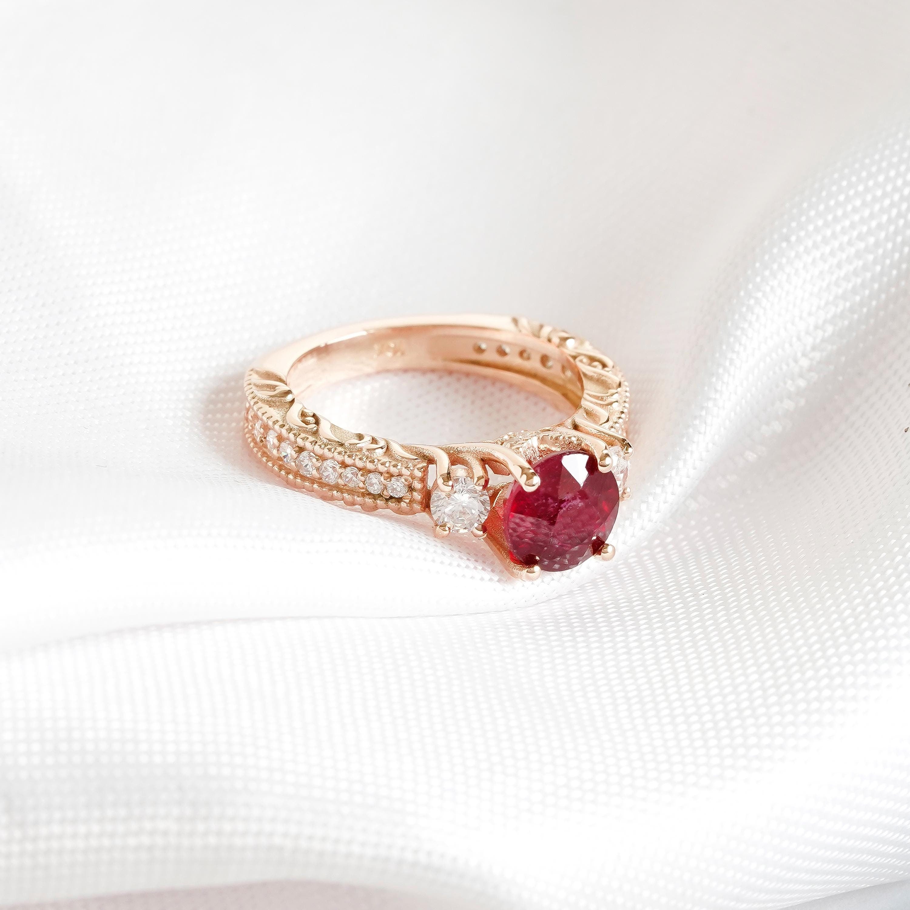 Lab Ruby Engagement Ring, Sterling Silver Halo Filigree Setting