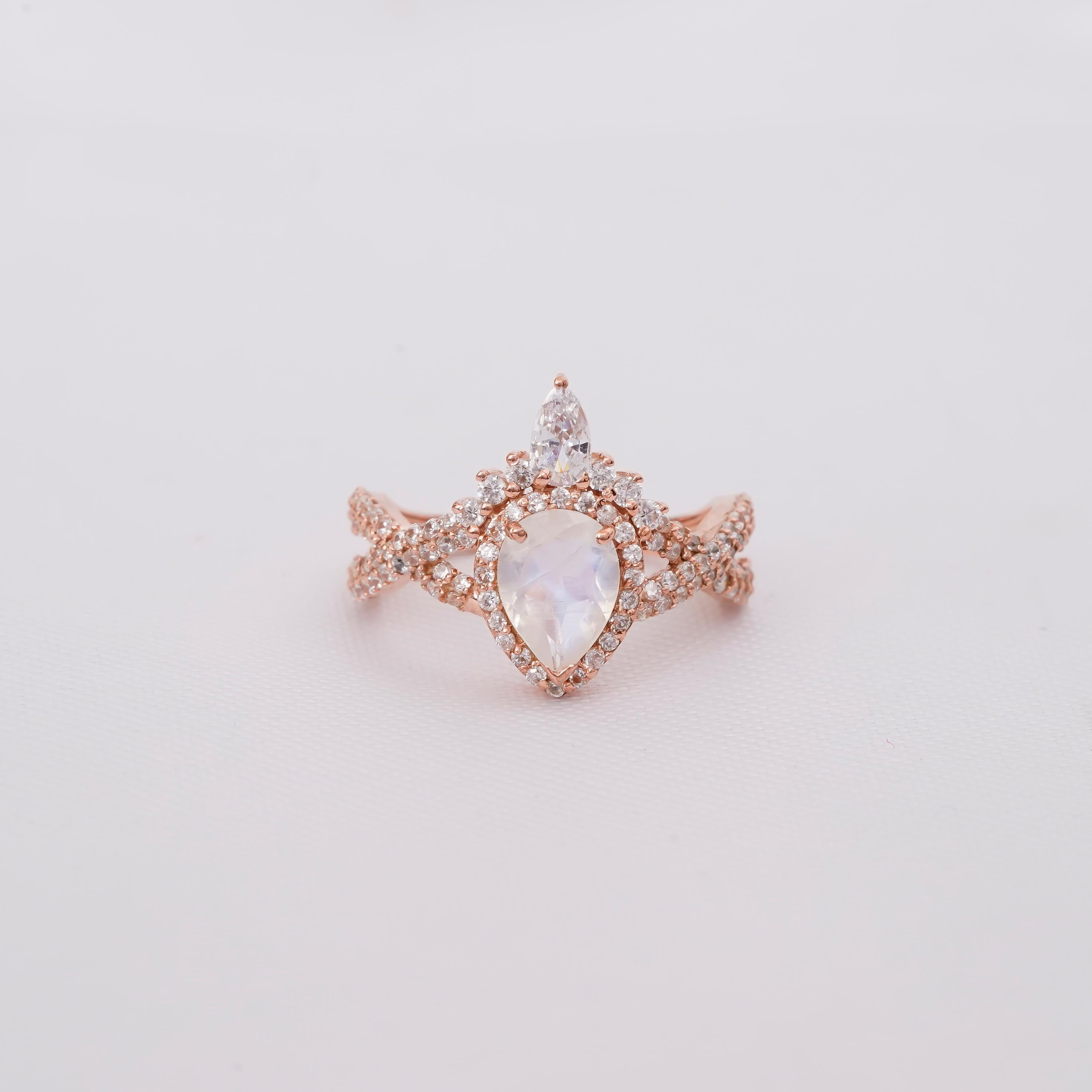 Pear Opal Engagement Ring, Sterling Silver Halo, Teardrop Infinity Ring