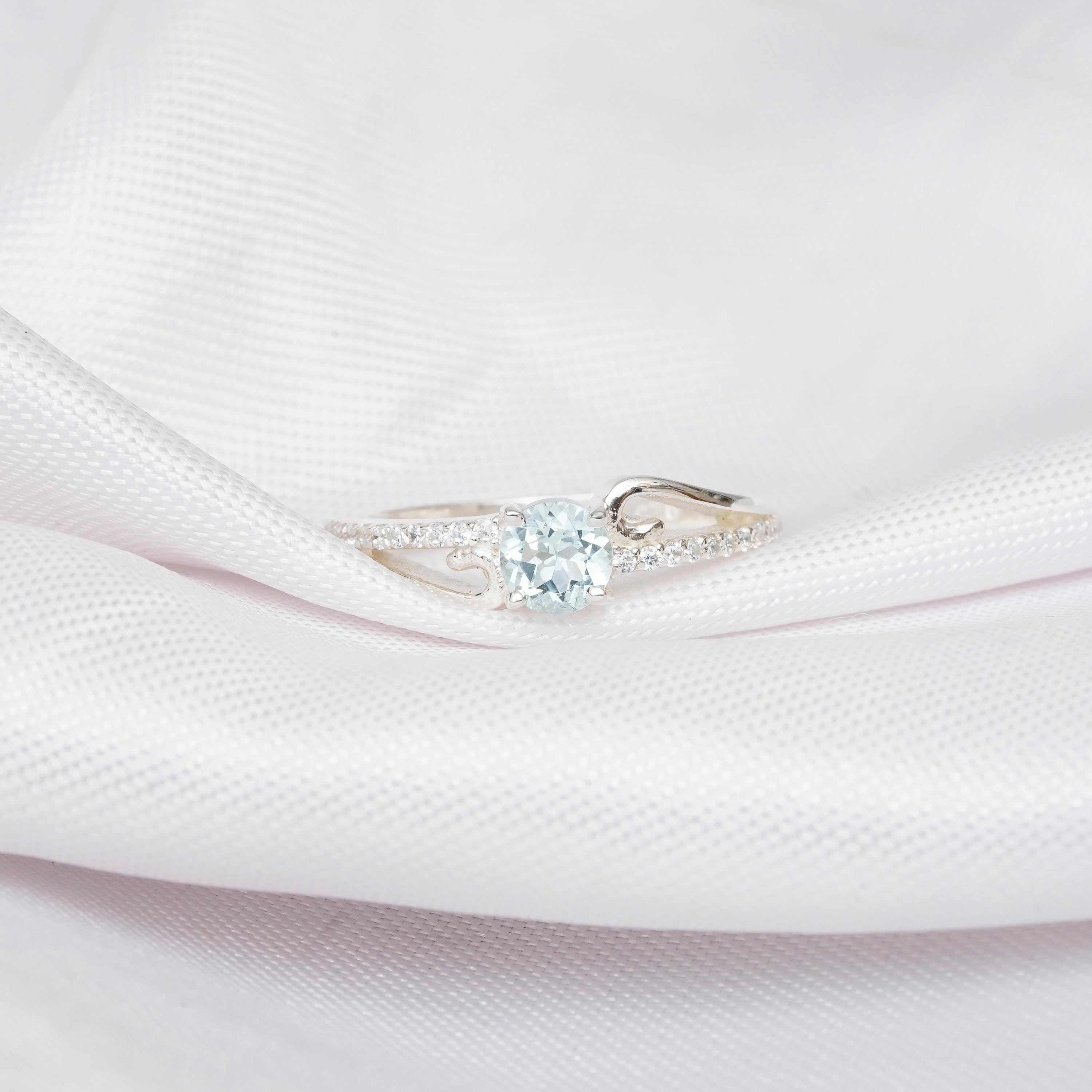 Aquamarine Engagement Ring, Sterling Silver Halo Infinity Band