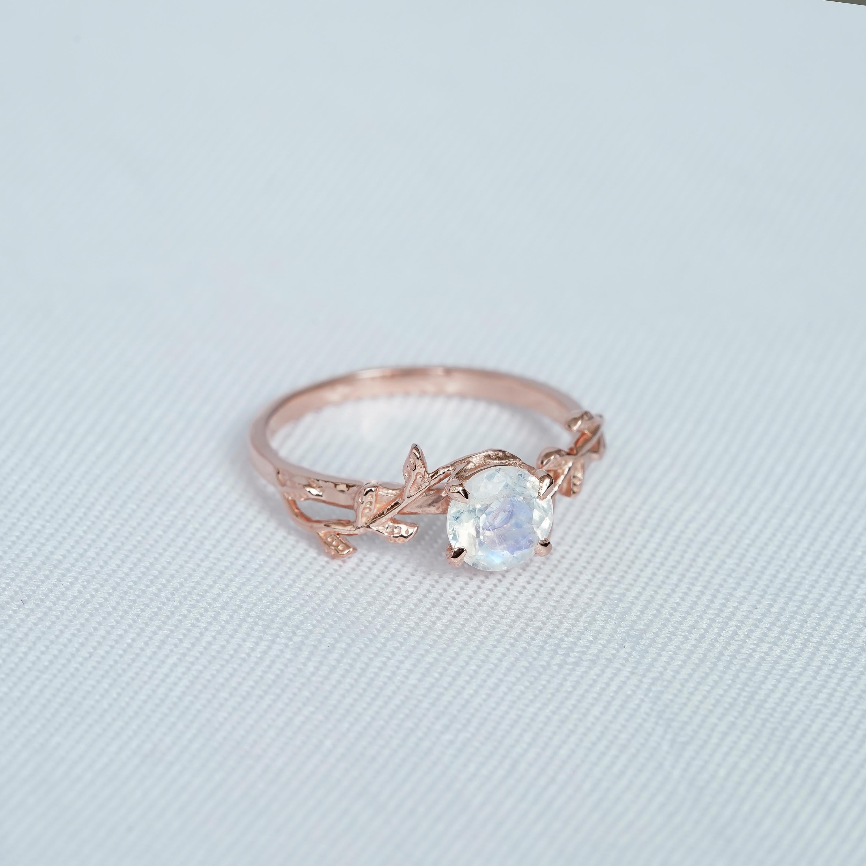 Moonstone Engagement Ring, Sterling Silver Vine Leaf Band
