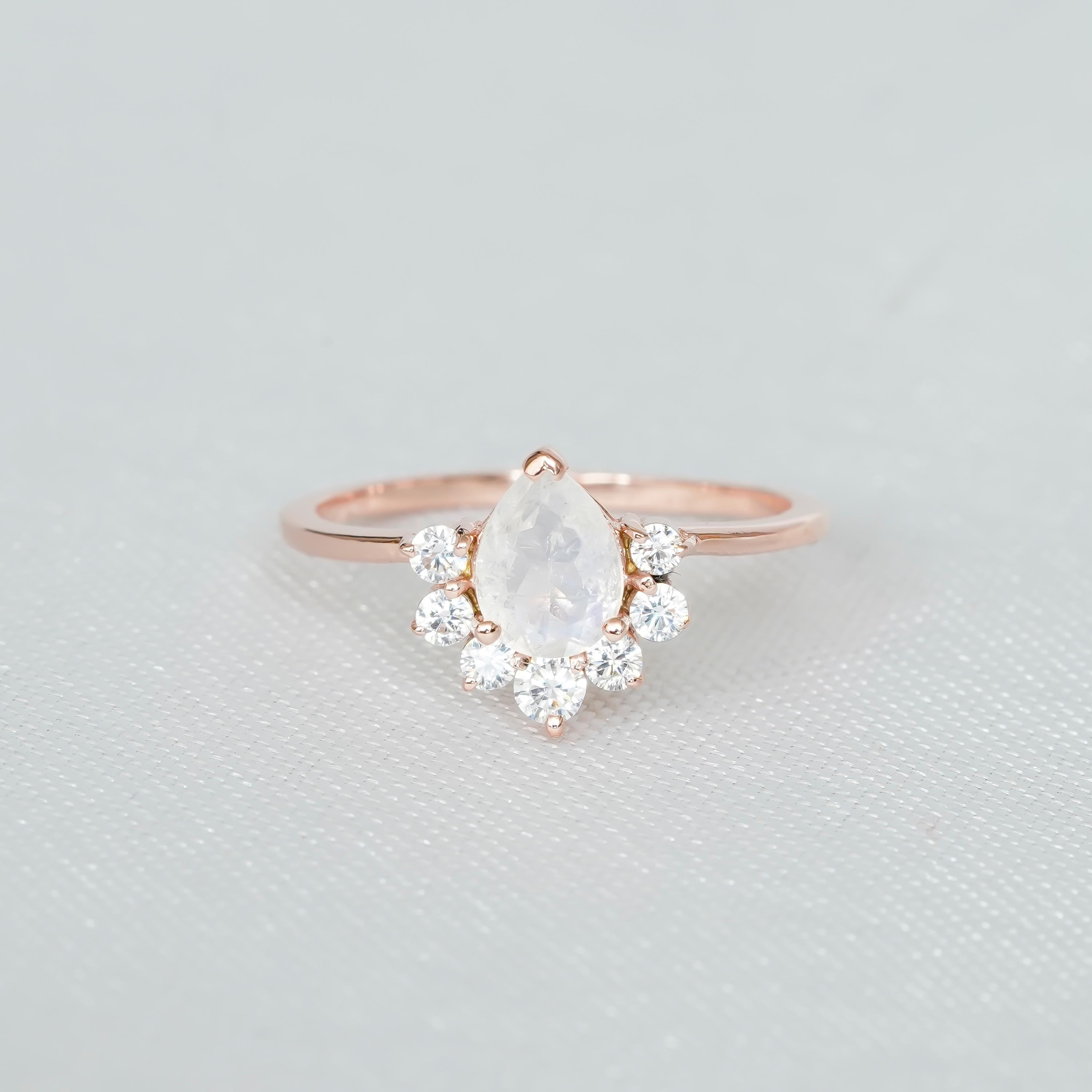 Pear Moonstone Engagement Ring, Sterling Silver Teardrop Crown Ring