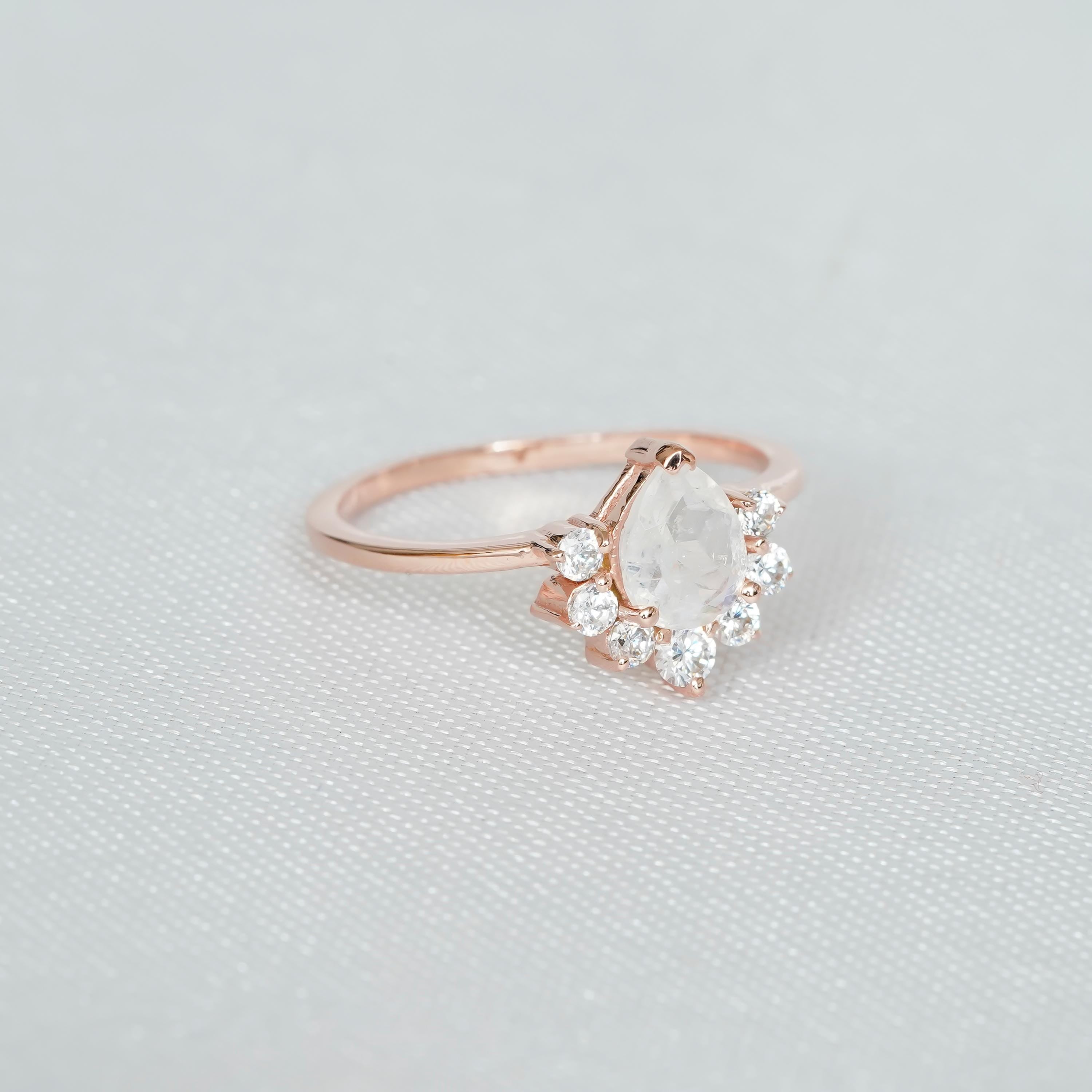 Pear Moonstone Engagement Ring, Sterling Silver Teardrop Crown Ring