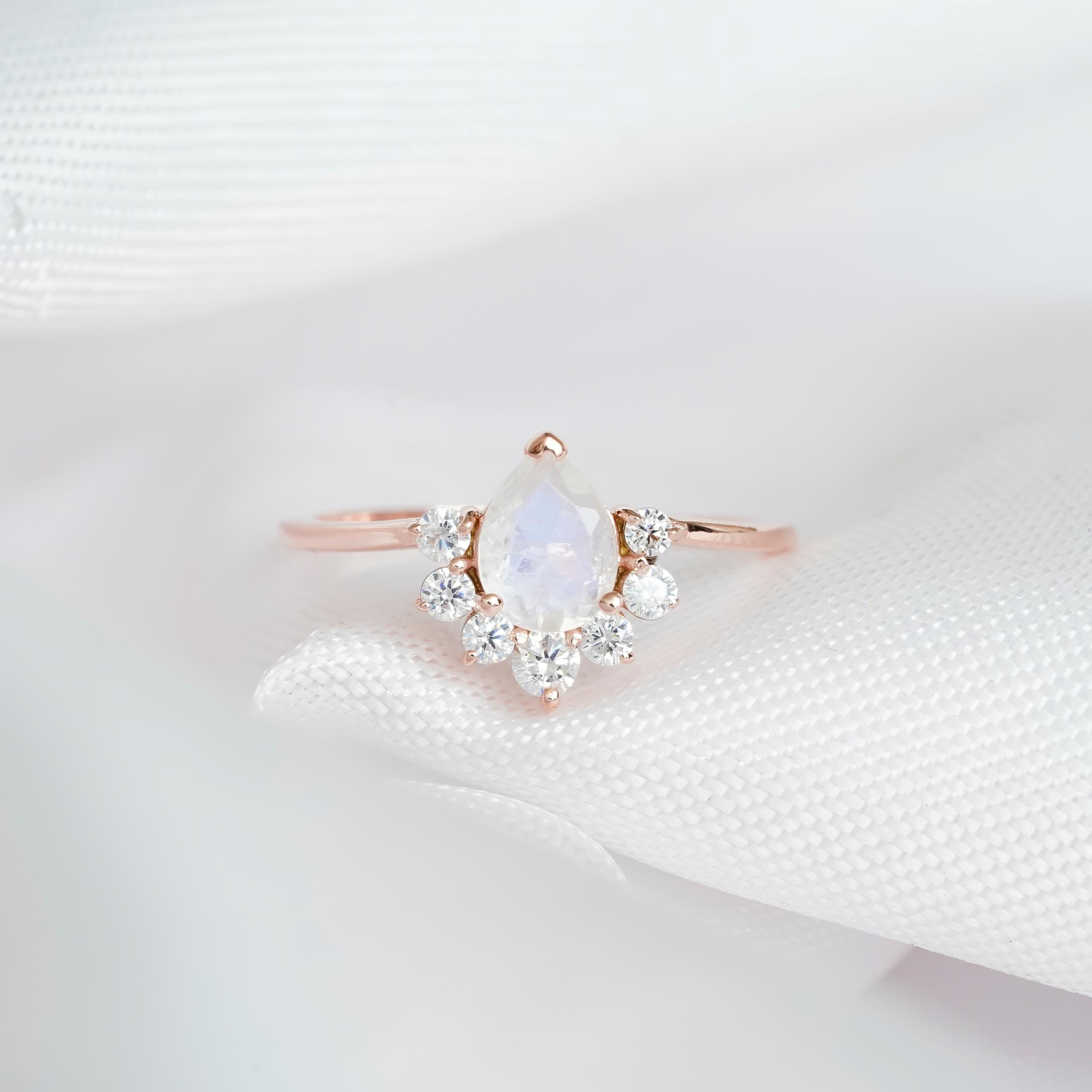 Pear Moonstone Engagement Ring, Sterling Silver Teardrop Crown Ring