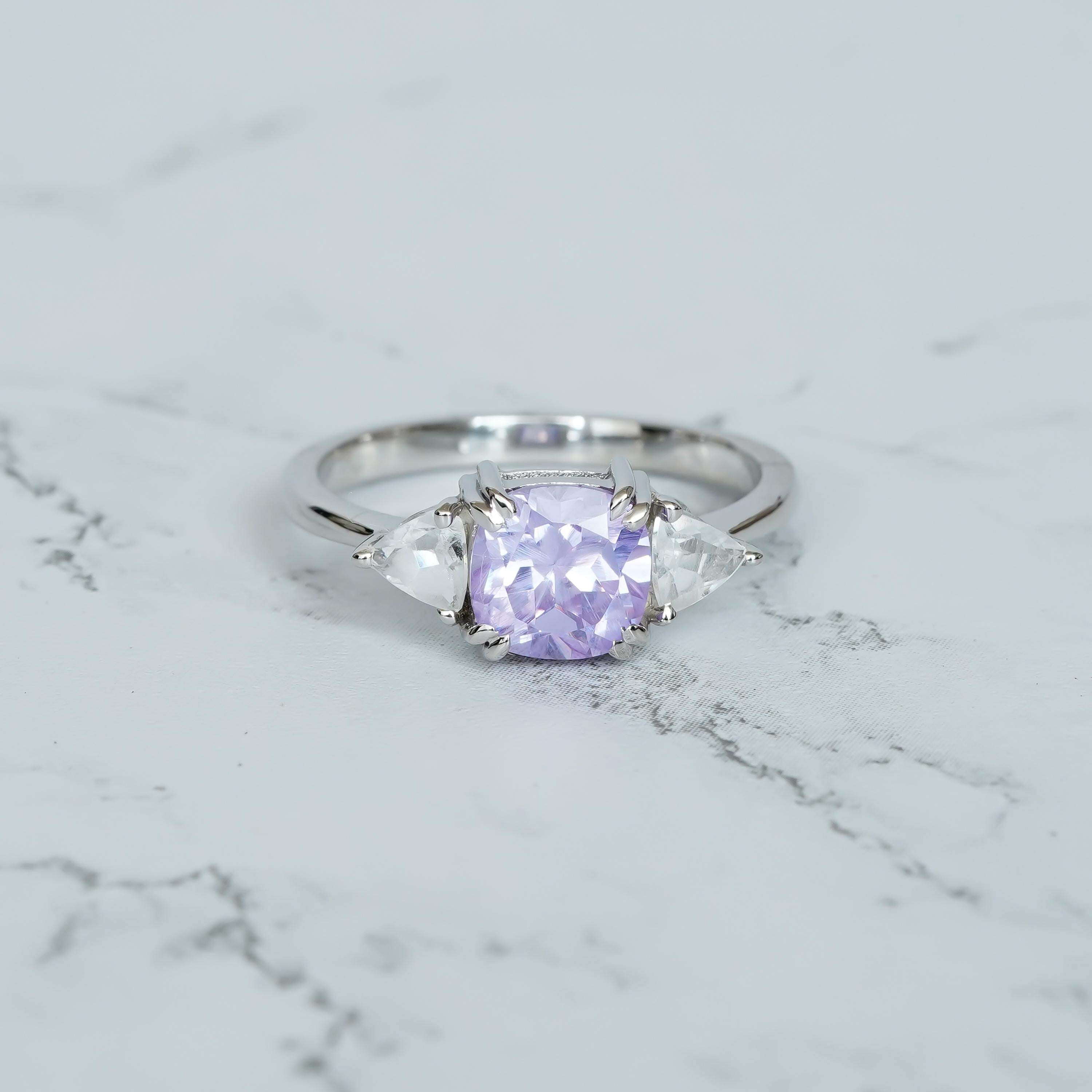 Cushion Amethyst Engagement Ring, Trillion Moissanite, 925 Sterling Silver