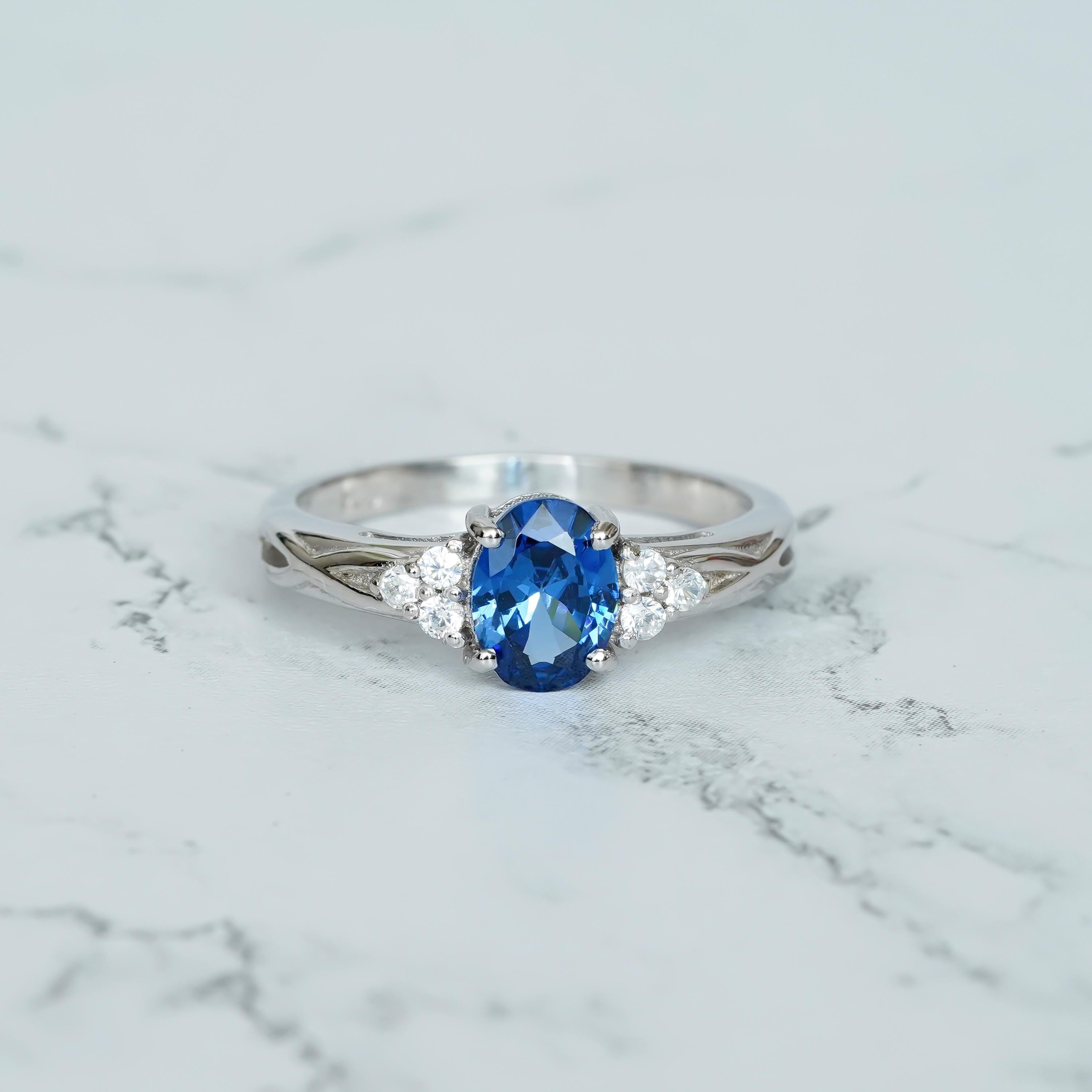 Blue Sapphire Engagement Ring, 925 Sterling Silver Infinity Band