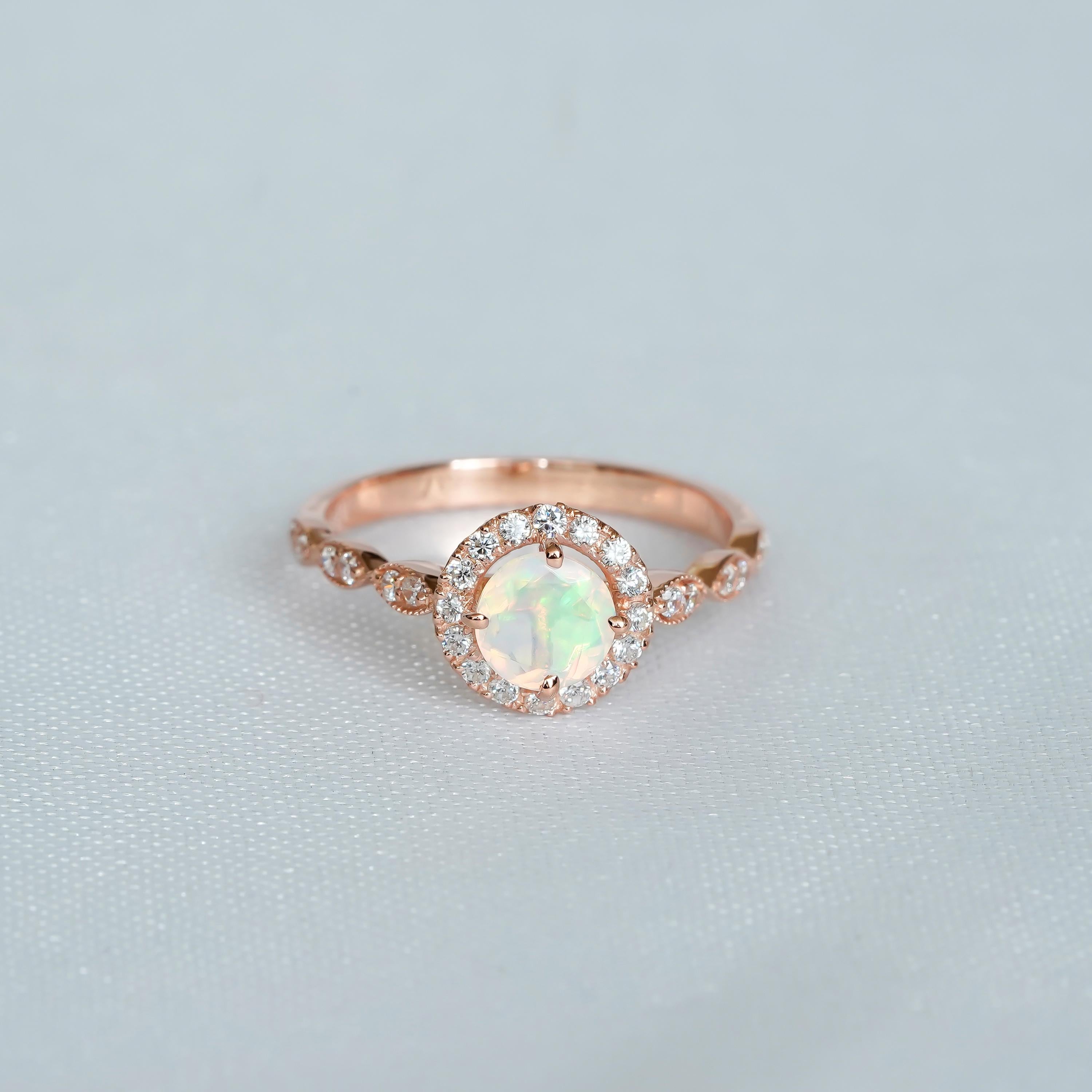 Opal Halo Sterling Silver Engagement Ring, Moissanite Pave