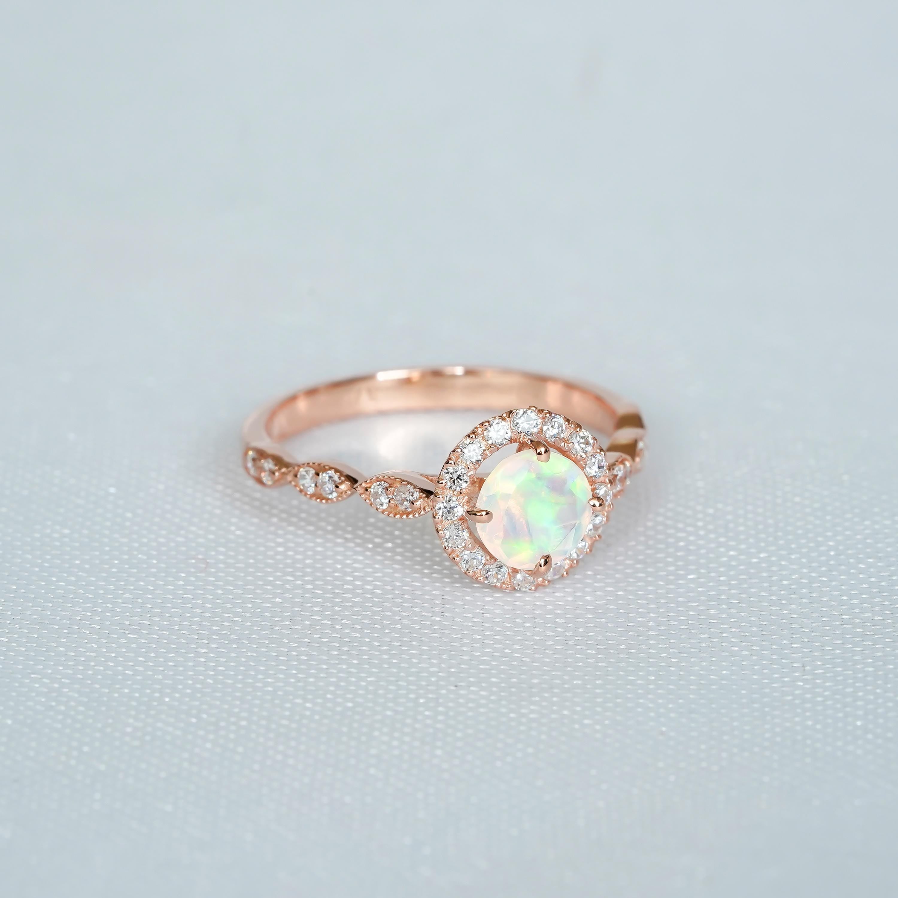 Opal Halo Sterling Silver Engagement Ring, Moissanite Pave