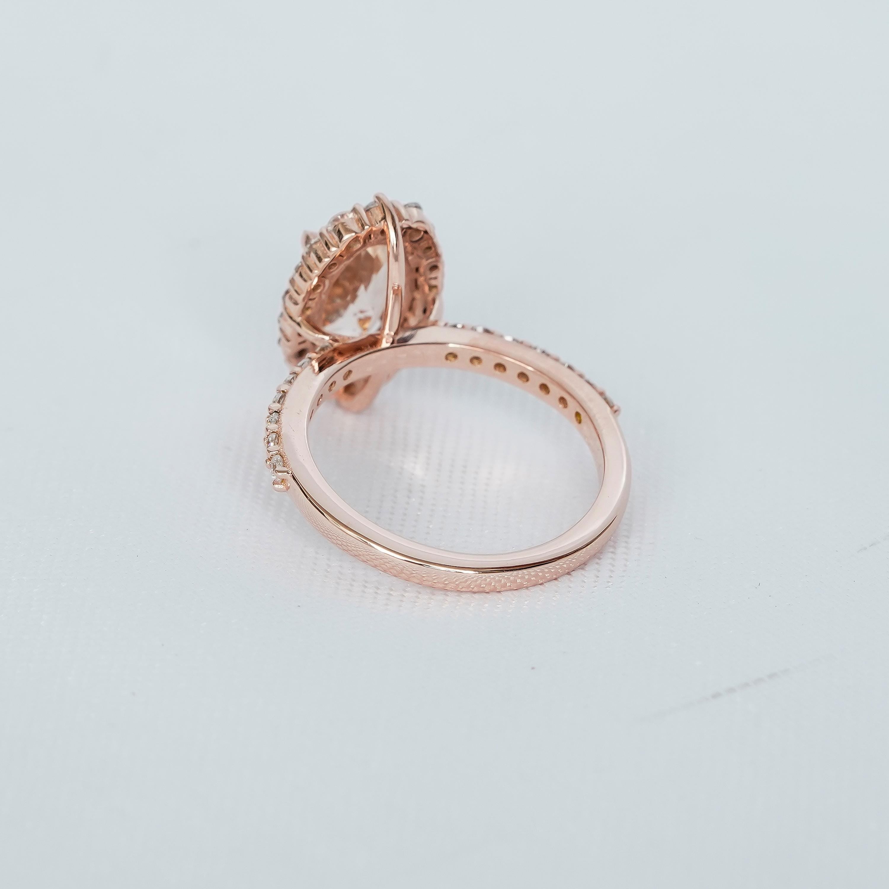 Oval Peach Morganite Engagement Ring, Art Deco Halo, Sterling Silver