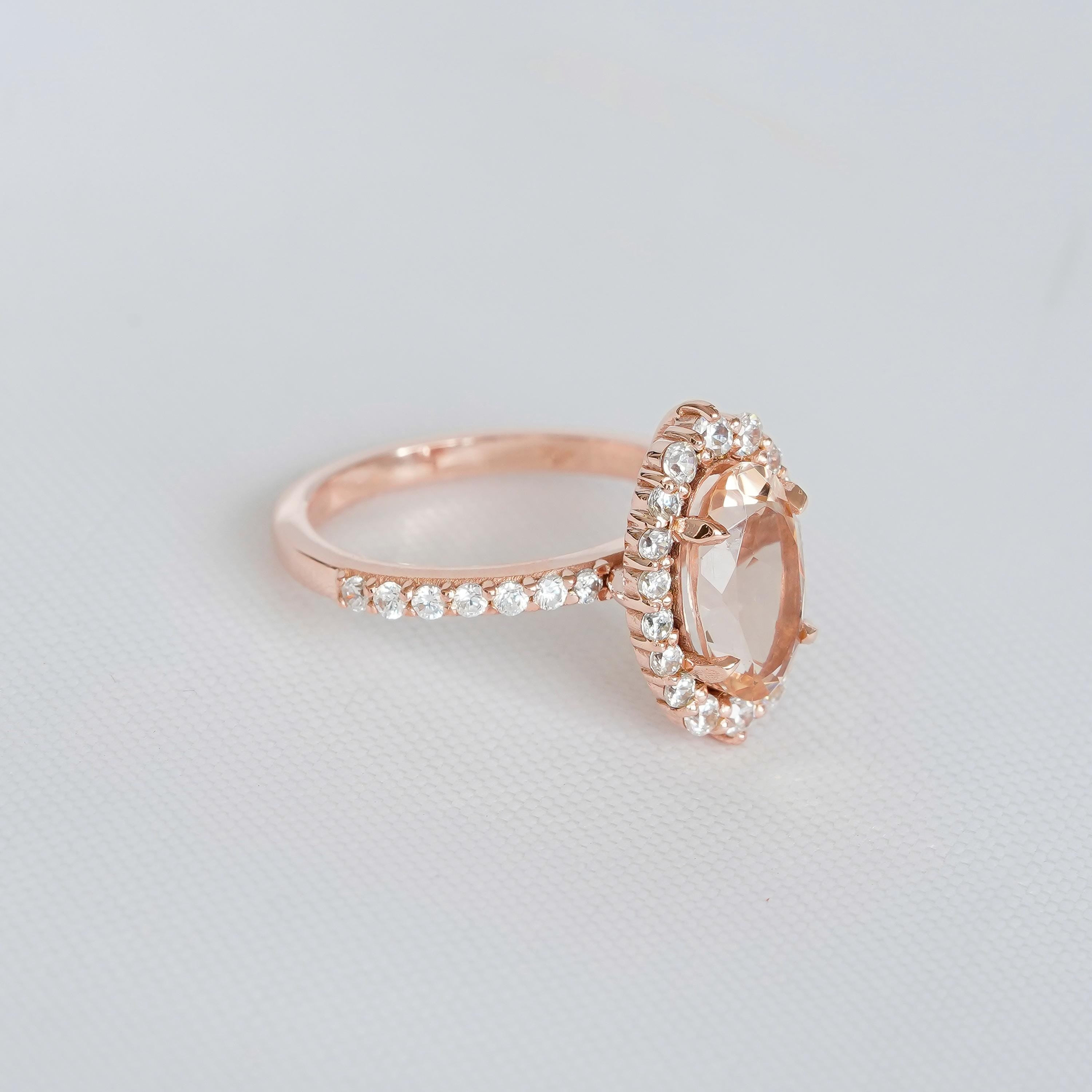 Oval Peach Morganite Engagement Ring, Art Deco Halo, Sterling Silver