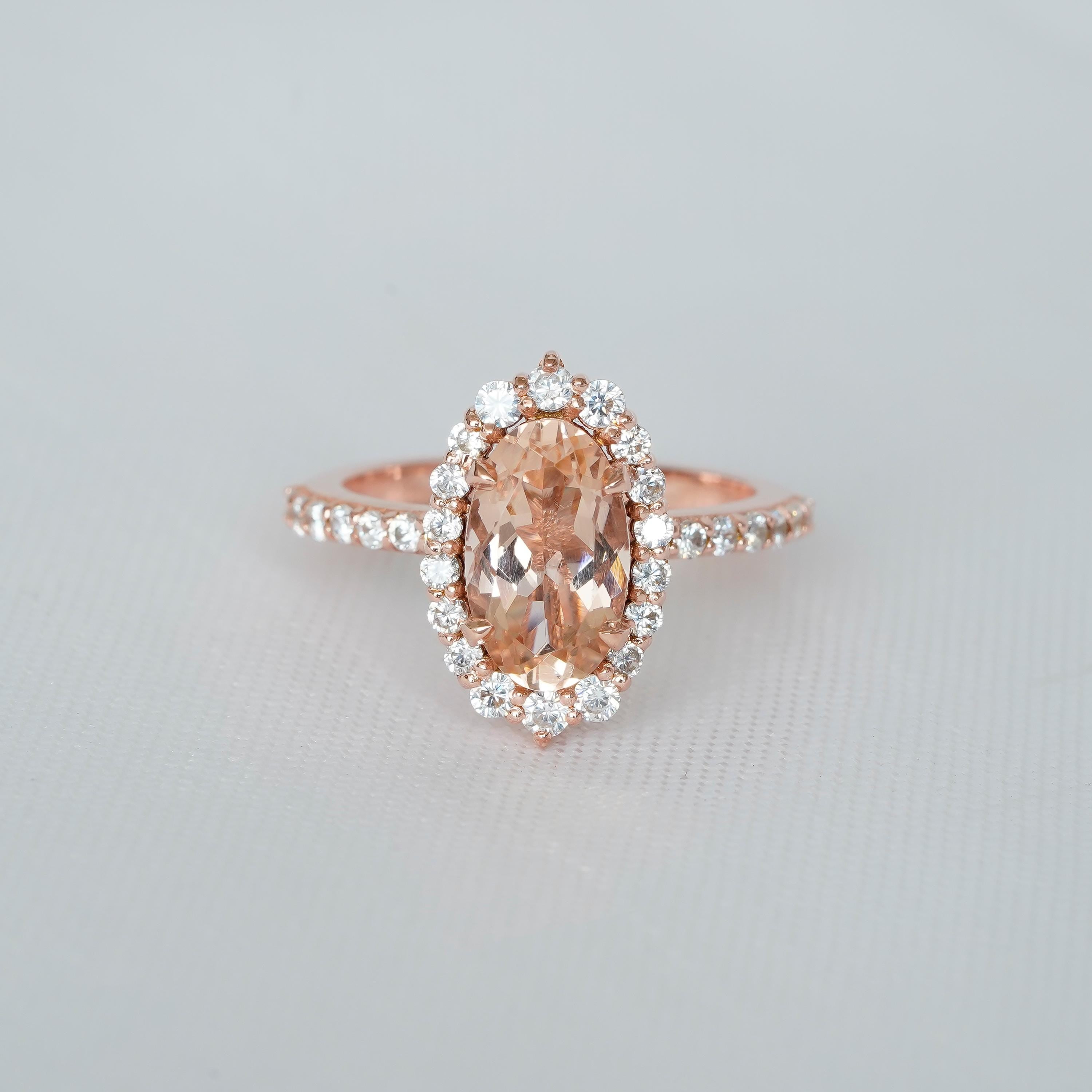 Oval Peach Morganite Engagement Ring, Art Deco Halo, Sterling Silver