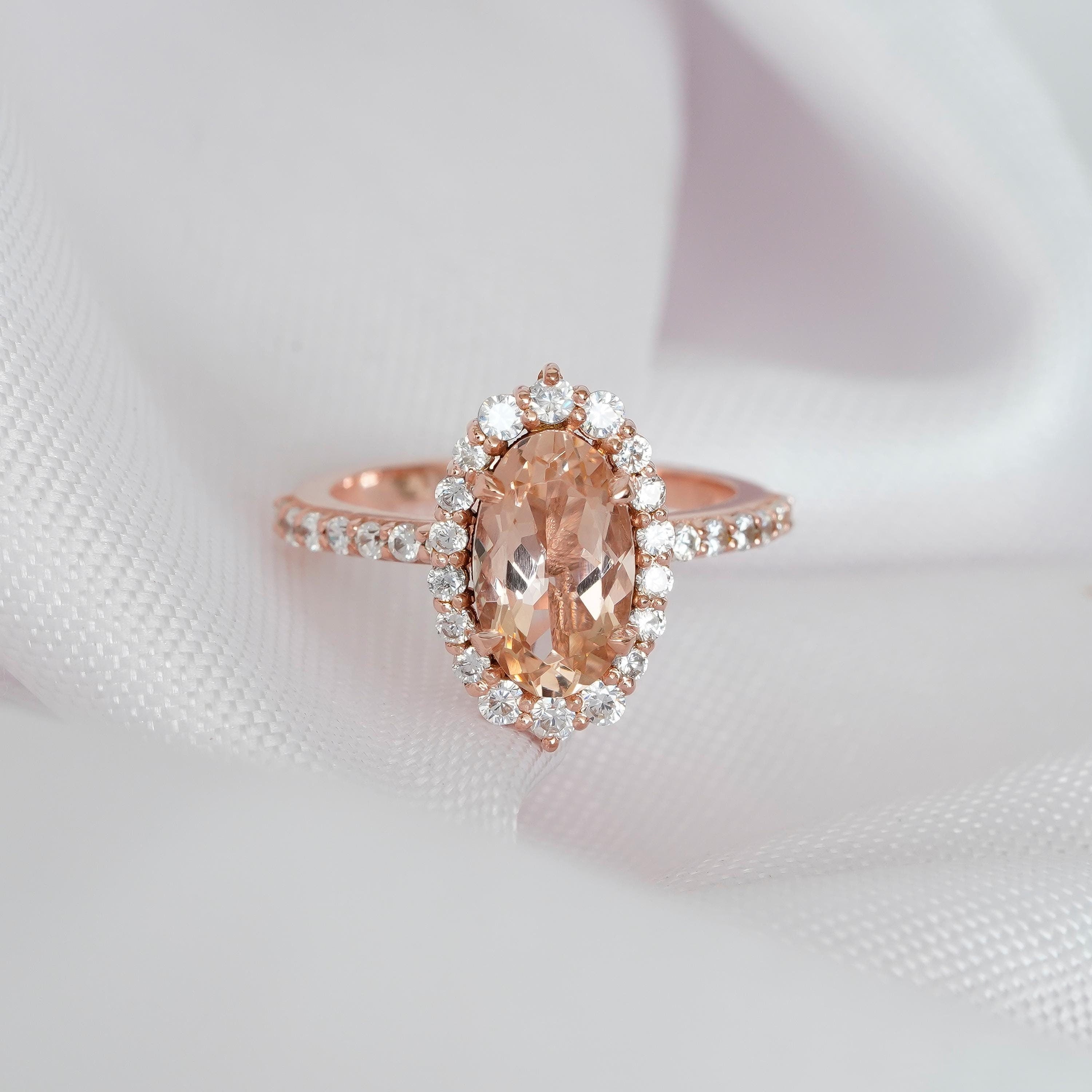 Oval Peach Morganite Engagement Ring, Art Deco Halo, Sterling Silver