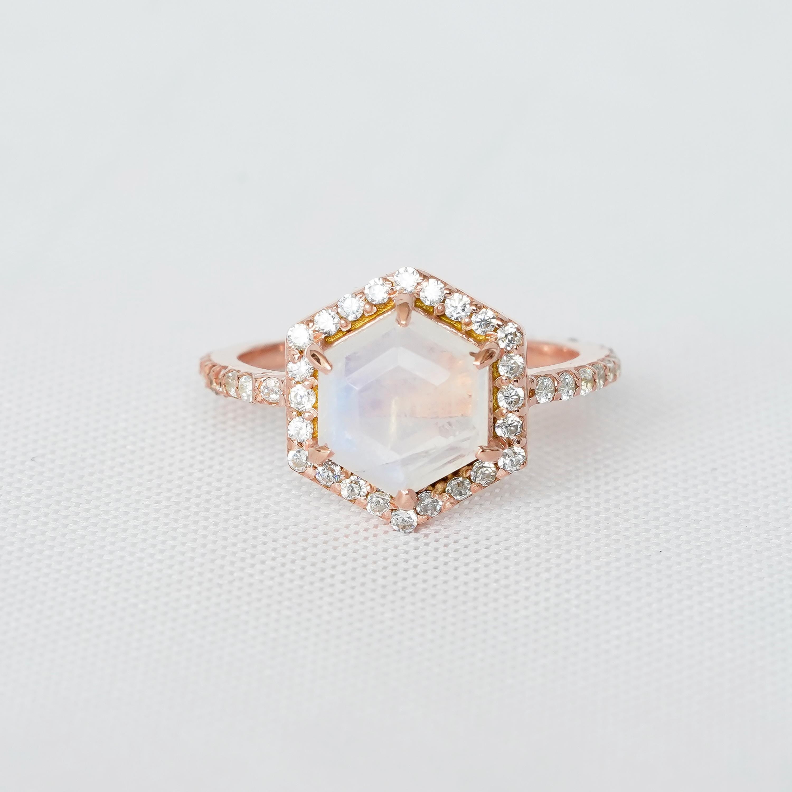 Hexagon Moonstone Engagement Ring, Art Deco Pave Halo, 925 Sterling Silver