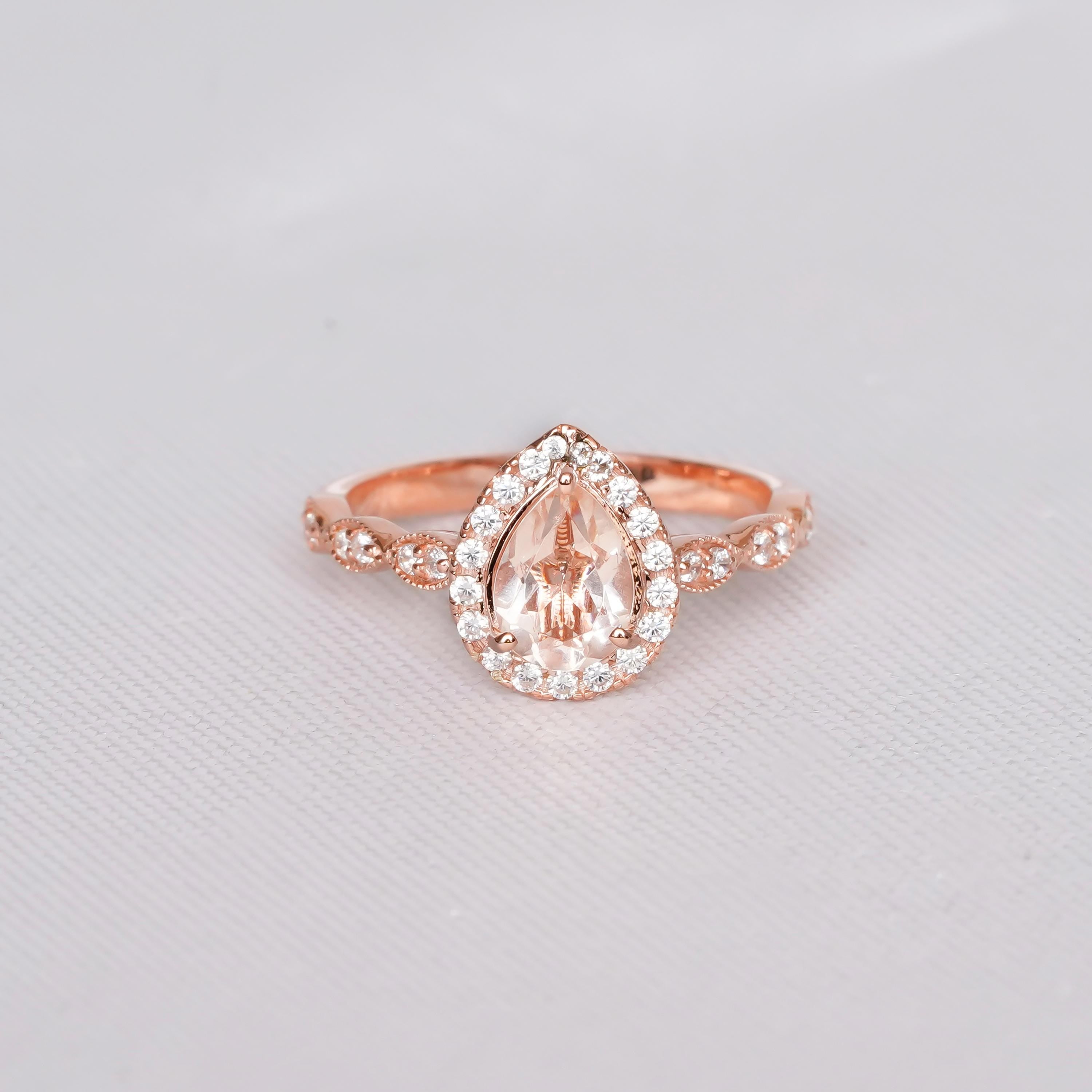 Pear Morganite Engagement Ring, Art Deco Sterling Silver Halo
